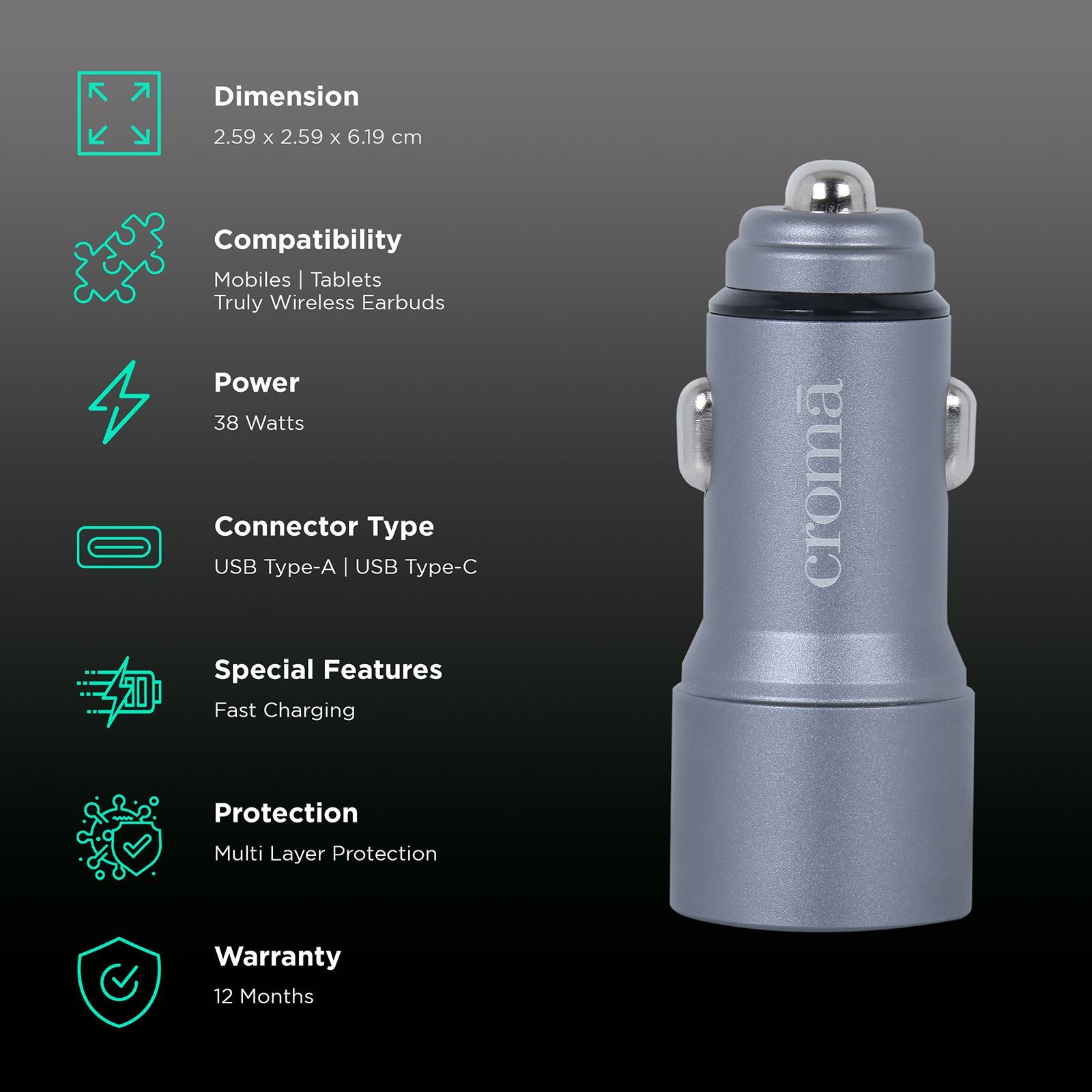 Croma 38 Watts Type A and Type C 2-Port Car Charger (Quick Charge 3.0, Grey)_2