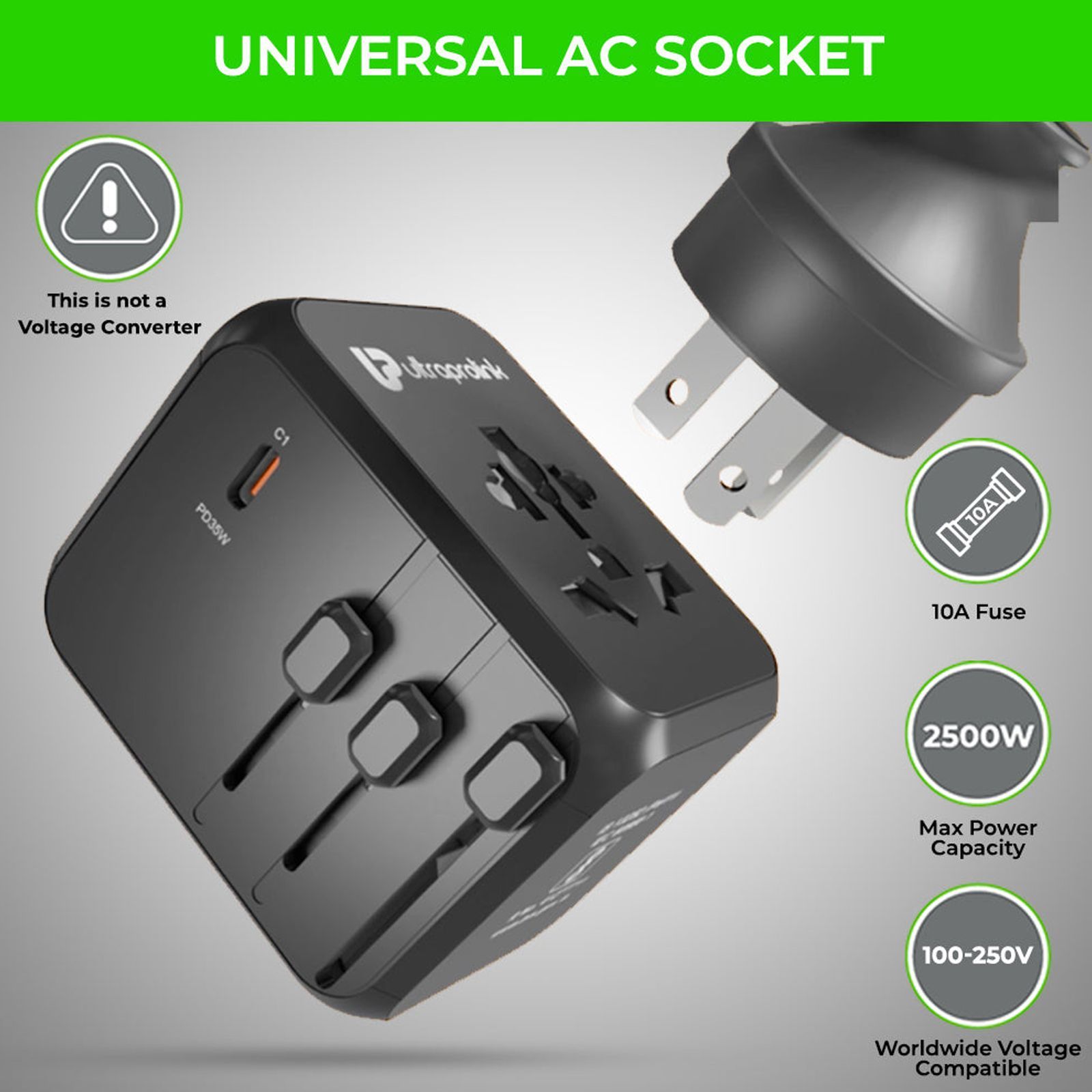 ultraprolink Travel Mate PD35 3 Plugs Travel Adapter (Worldwide Connectivity, UM1187, Black)_7
