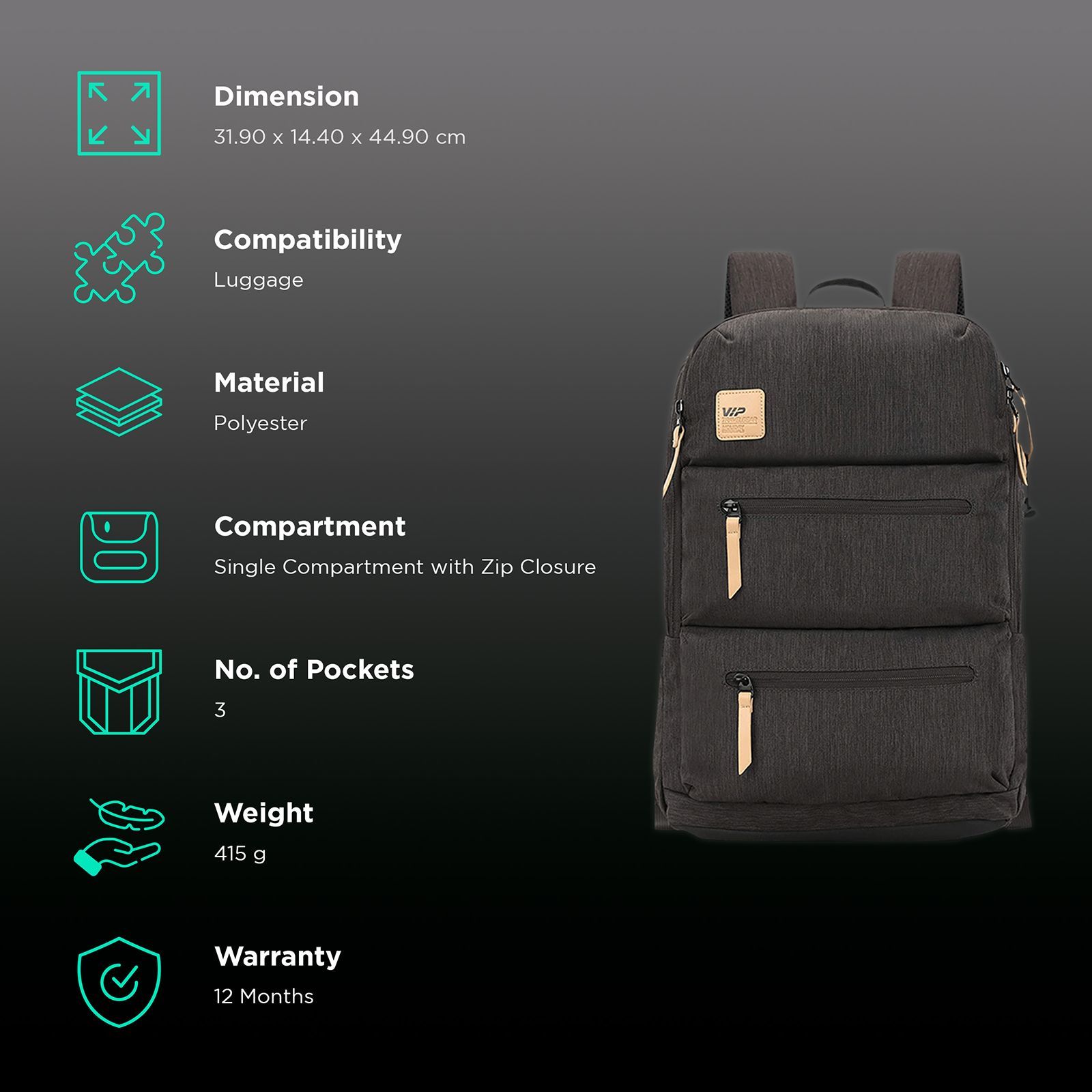 VIP Ride 01 19 Litres Polyester Casual Backpack (3 Front Pockets, BPRID01GRY, Grey)_2