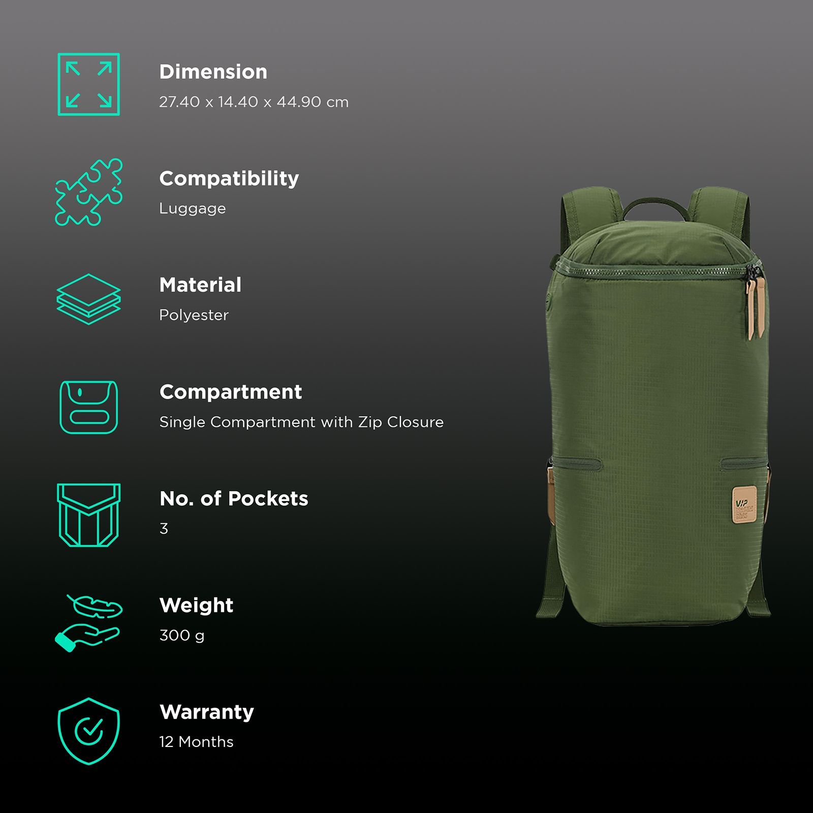 VIP Wander 01 19 Litres Polyester Casual Backpack (3 Pockets, BPWAN01GRN, Green)_2