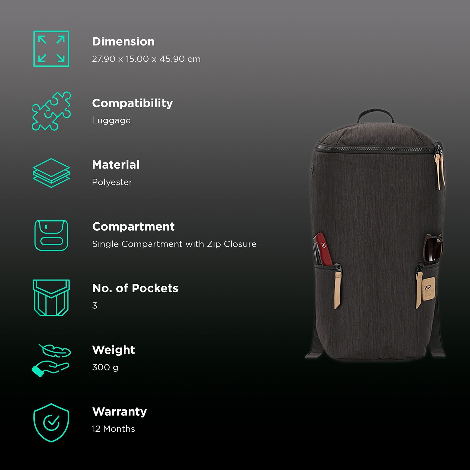 VIP Wander 02 19 Litres Polyester Casual Backpack (3 Pockets, BPWAN02GRY, Grey)_2