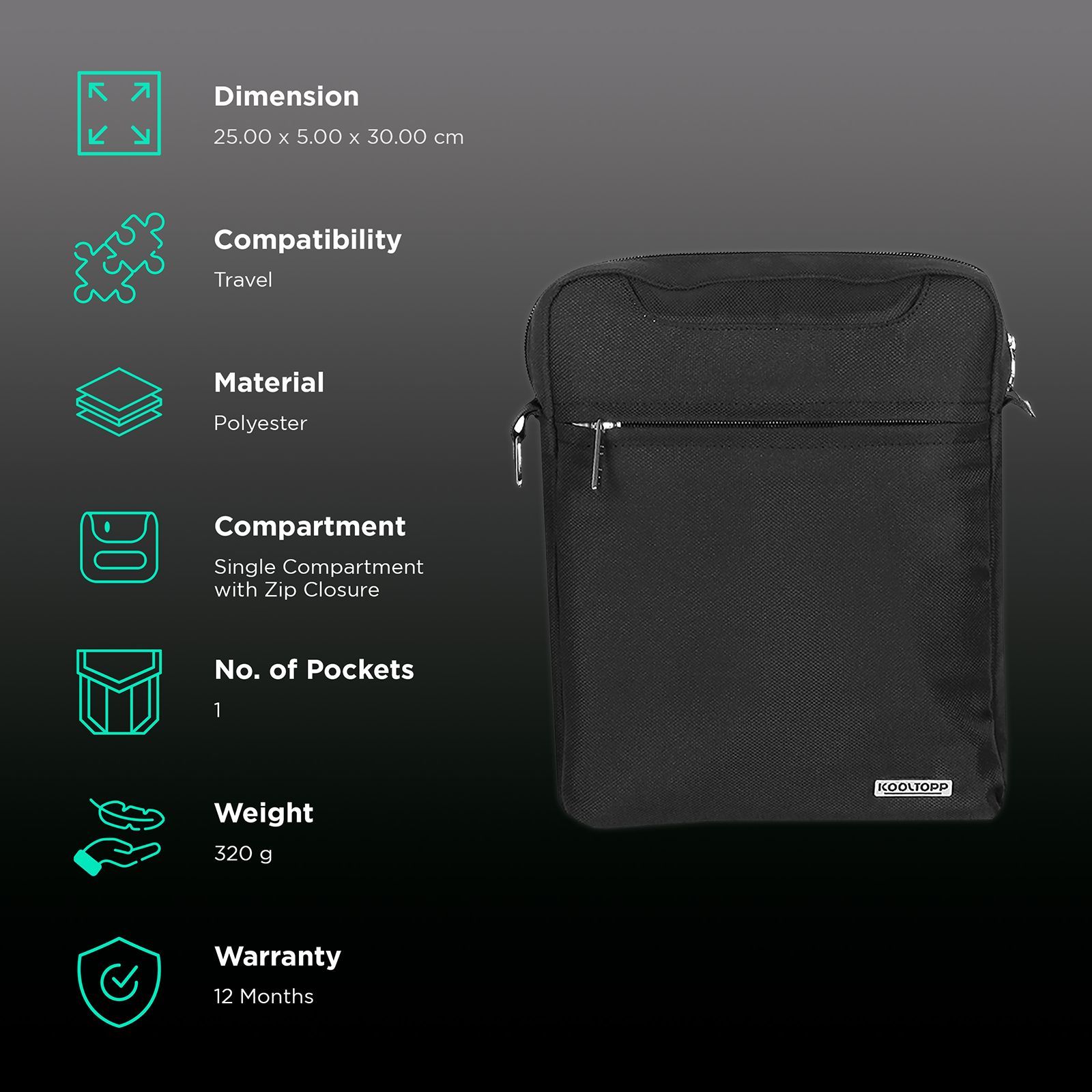 KOOLTOPP Suave 4 Litres Polyester Sling Bag (Water Resistant, KT516-01, Black)_2