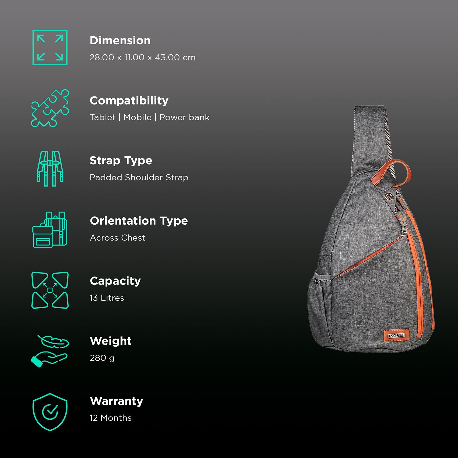 KOOLTOPP Classy Cross Body 13 Litres Polyester Sling Bag (Water Resistant, KT440-11, Grey/Rust)_2