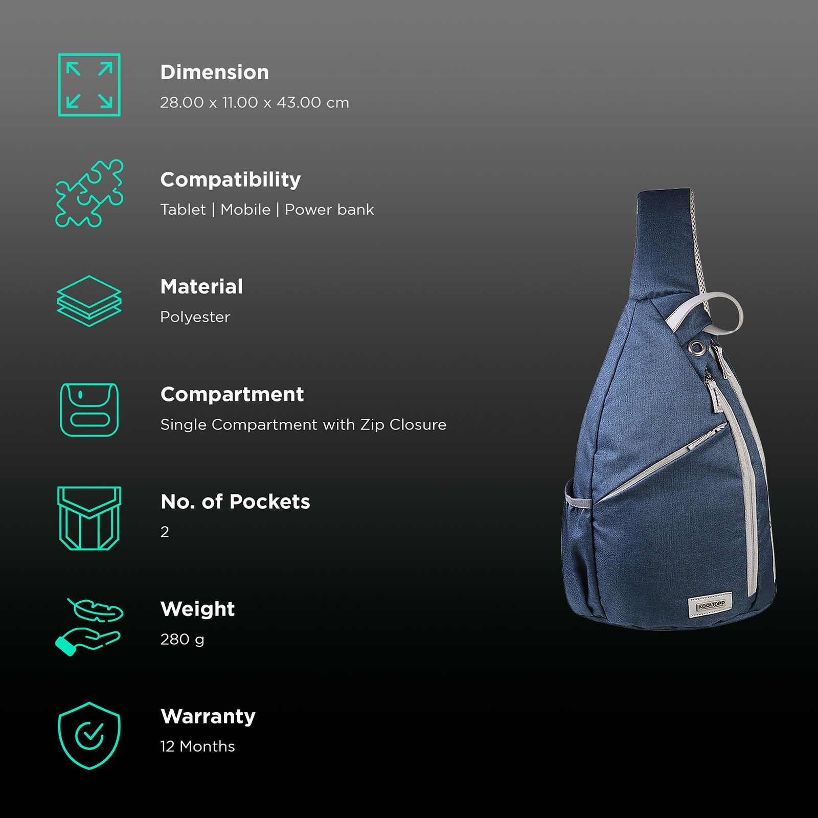 KOOLTOPP Classy Cross Body 13 Litres Polyester Sling Bag (Water Resistant, KT440-04, Blue/Silver)_2