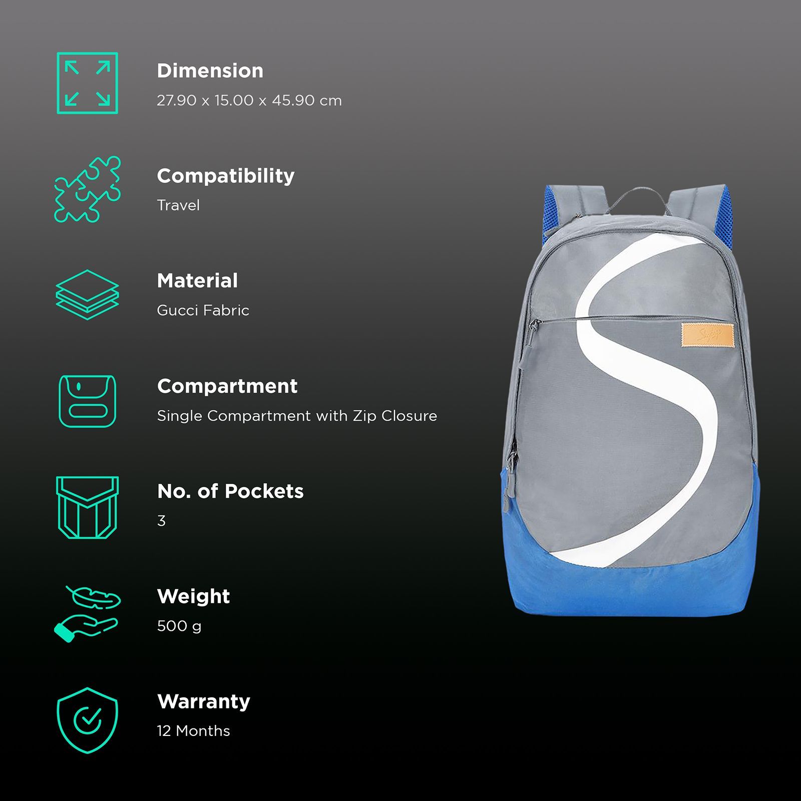 Sky Bags Boho 03 26 Litres Gucci Fabric Backpack (Quick Access Pocket, BPBOH3GRY, Grey)_2