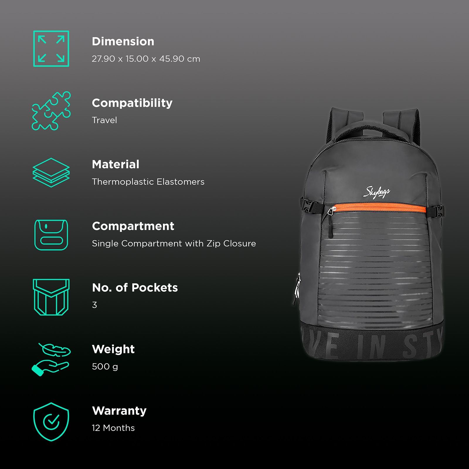 Sky Bags Boho 01 23 Litres Thermoplastic Elastomers Backpack (Rain Cover, BPBOH1RBLK, Black)_2