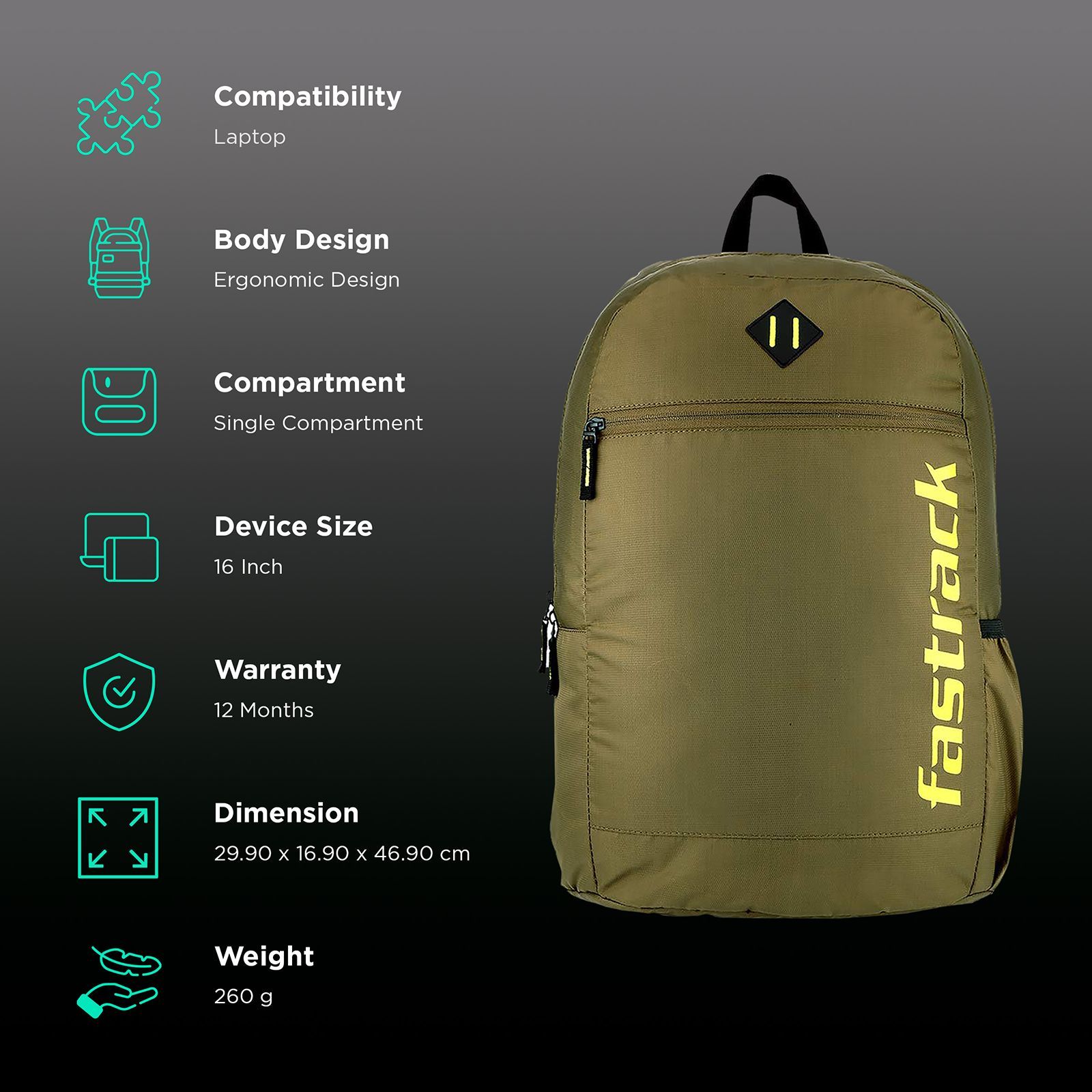 fastrack A0810NOL01 Polyester Laptop Backpack for 16 Inch Laptop (25 L, Padded Shoulder Strap, Olive)_2