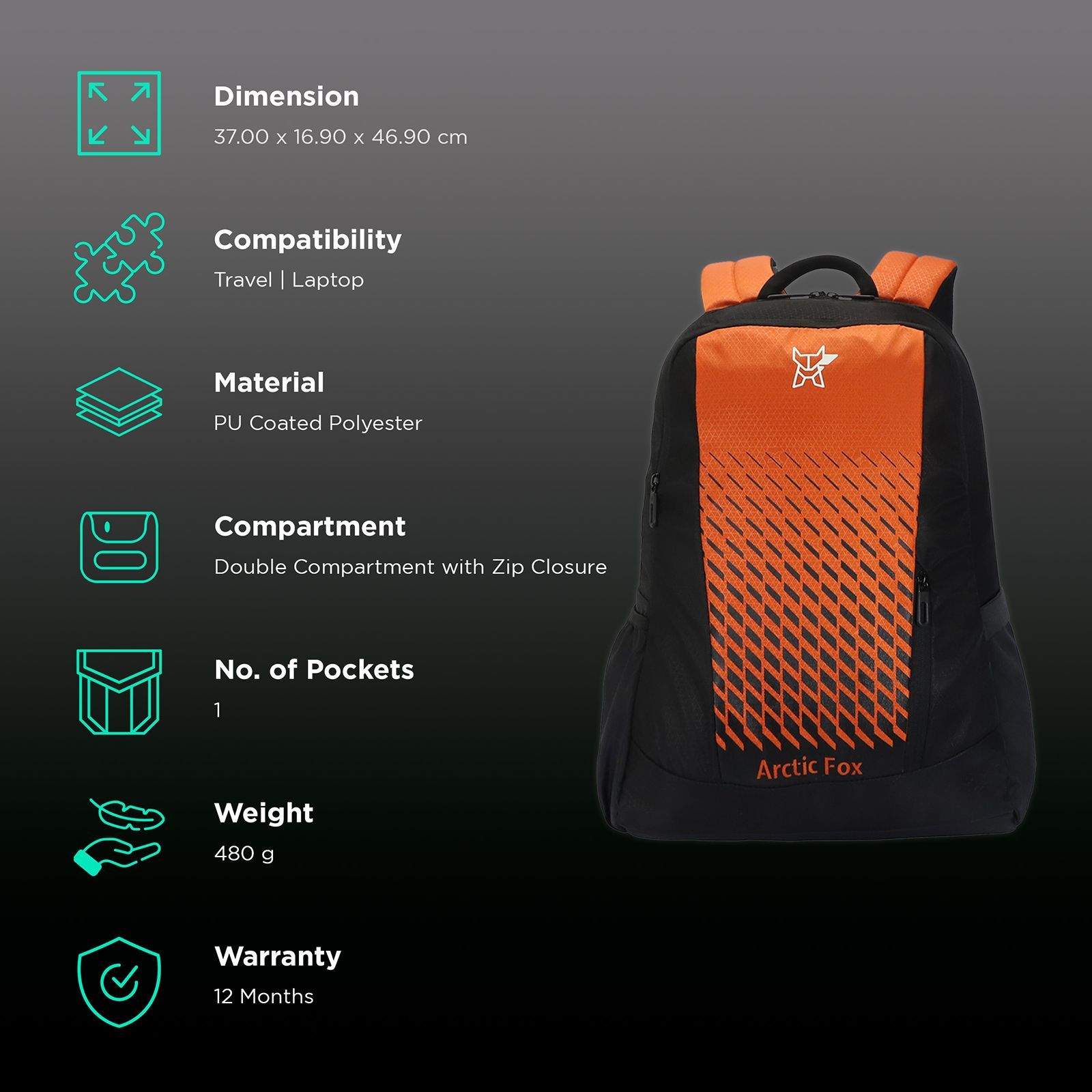 Arctic Fox Grill 28.5 Litres PU Coated Polyester Backpack (2 Spacious Compartments, FTEBPKRORON061029, Red Orange)_2