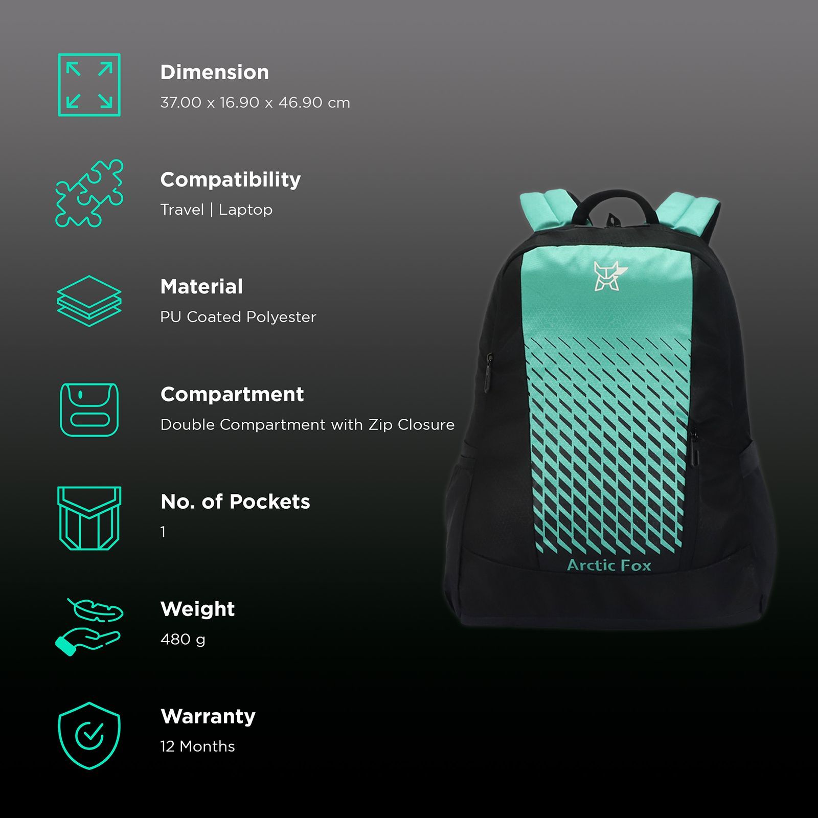 Arctic Fox Grill 28.5 Litres 420D PU Coated Plain Polyester Backpack (Smart Organiser, FTEBPKATLON063029, Atlantis)_2