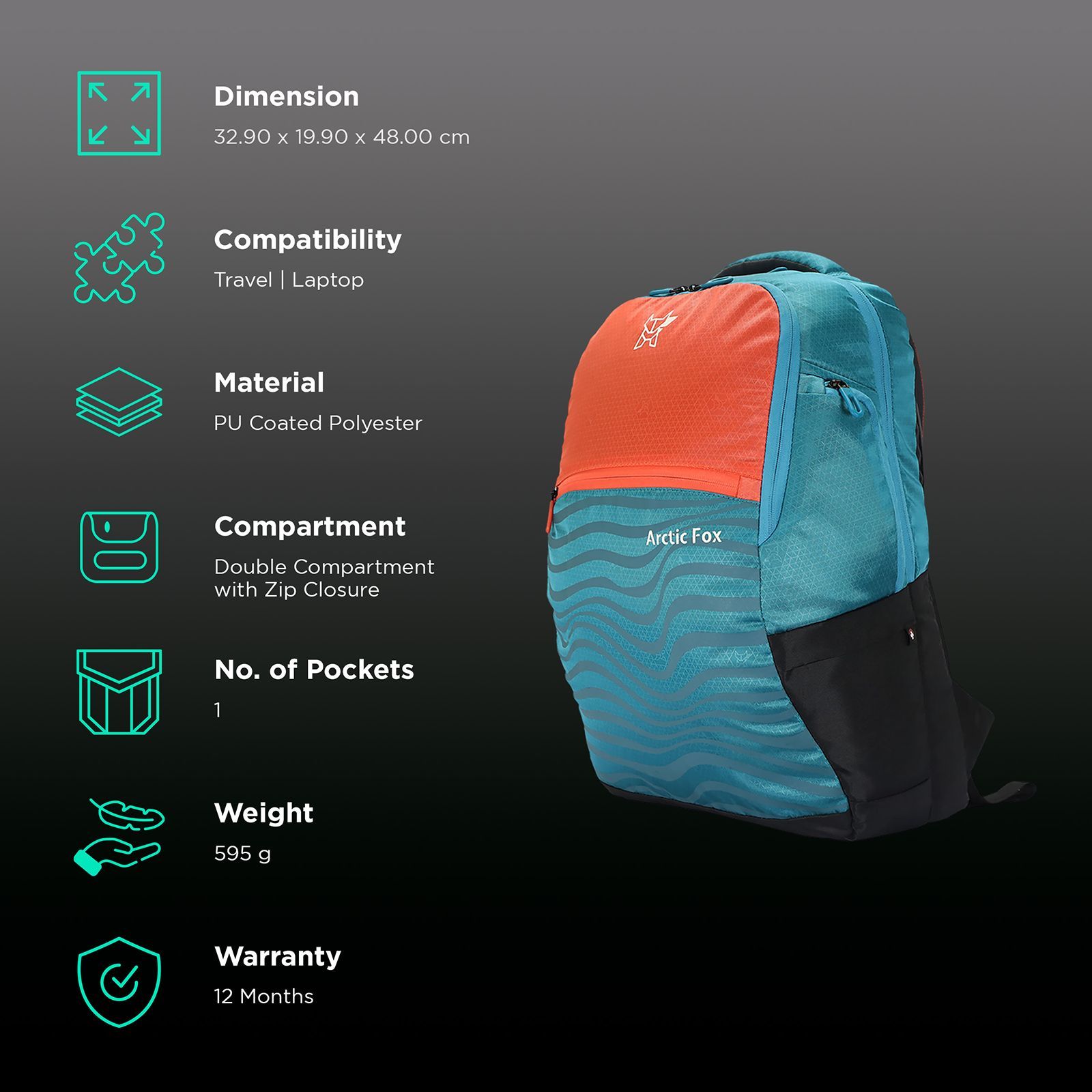 Arctic Fox Drift 32 Litres PU Coated Polyester Backpack (2 Spacious Compartments, FTEBPKHCRON064032, Hot Coral)_2