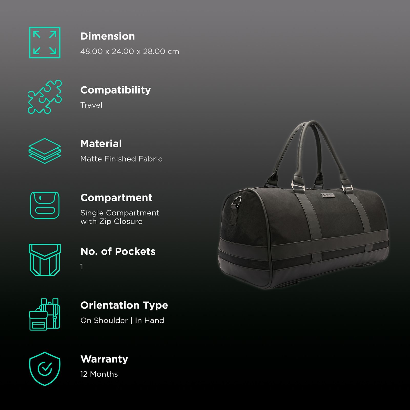 Carriall Astute Matte Finish Fabric Duffle Bag (Detachable Shoulder Strap, CADBASS01, Black)_2