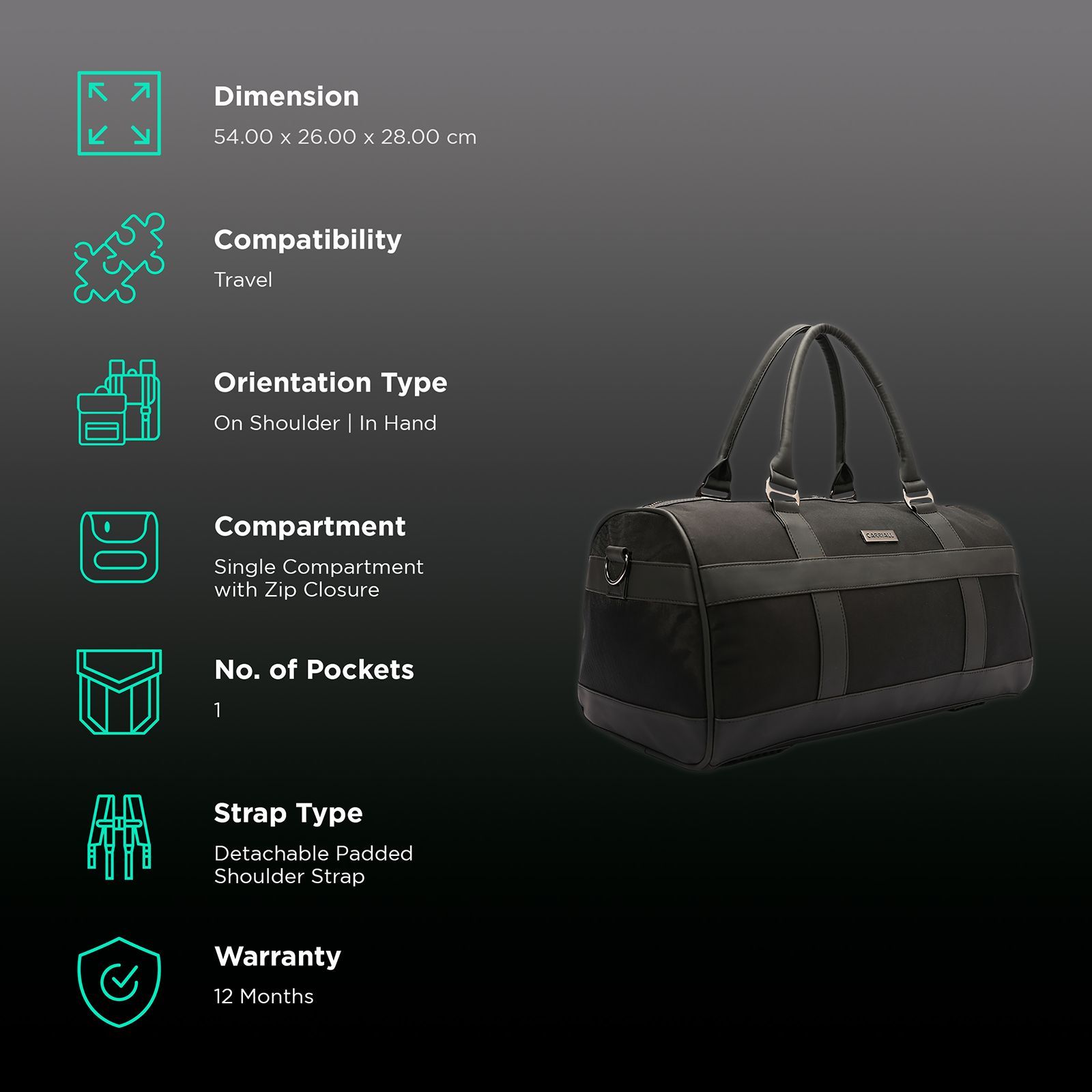 Carriall Eclat Water Resistant Fabric Duffle Bag (Detachable Strap, CADBECM01, Black)_2