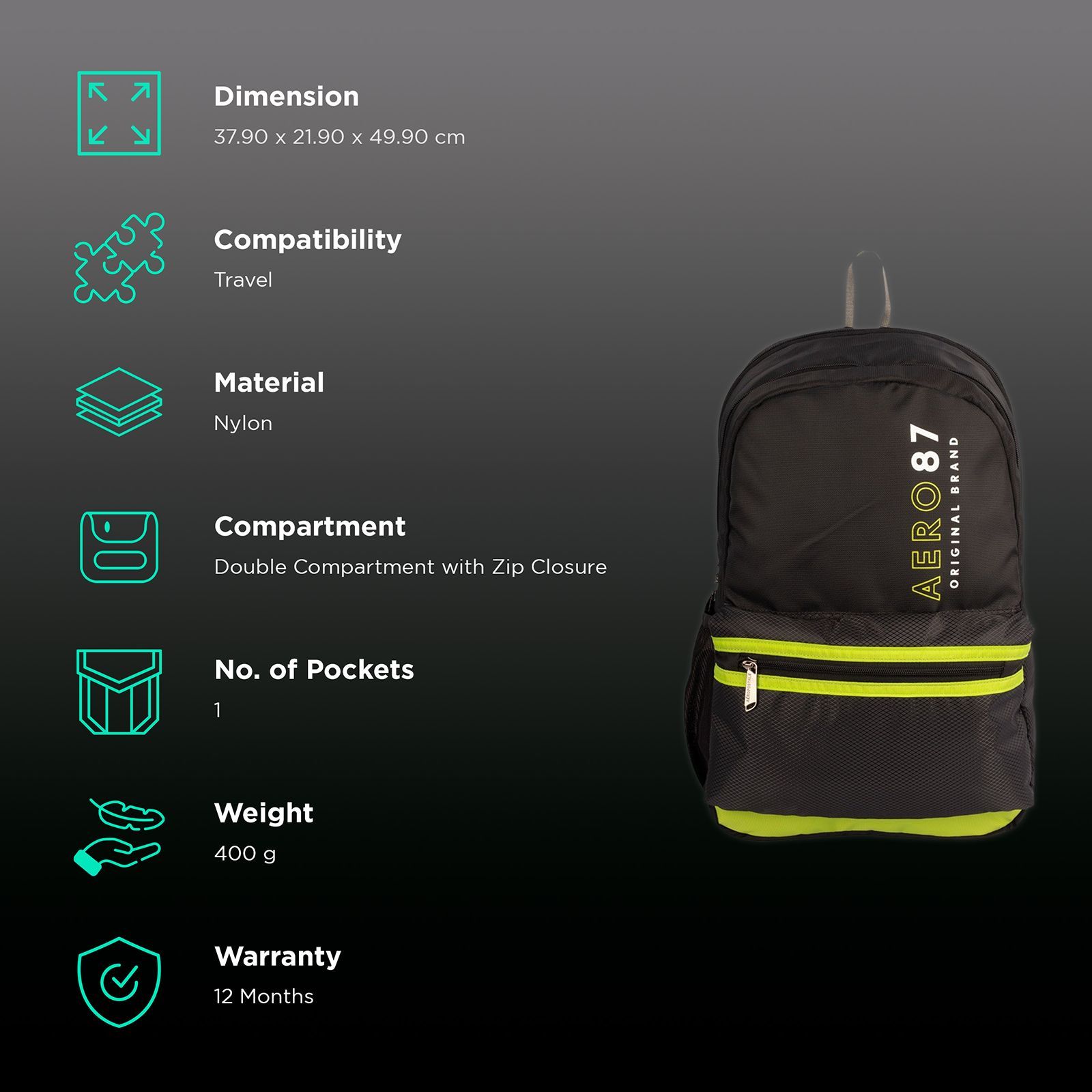 AEROPOSTALE Take Off 20 Litres Nylon Backpack (Waterproof, AERO-BP-1001-BLK_P, Black/Green)_2