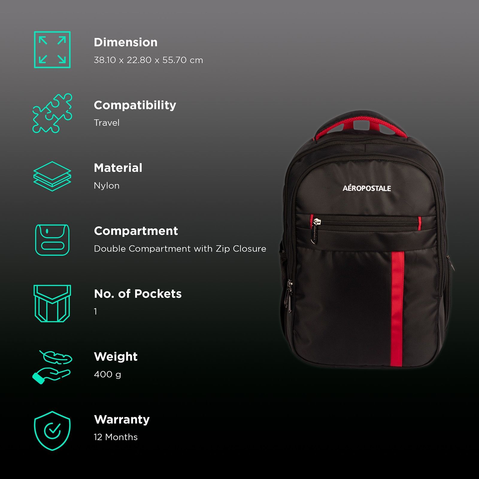 AEROPOSTALE Ever Onwards 20 Litres Nylon Backpack (Waterproof, AERO-BP-1002-BLK_R, Black/Red)_2