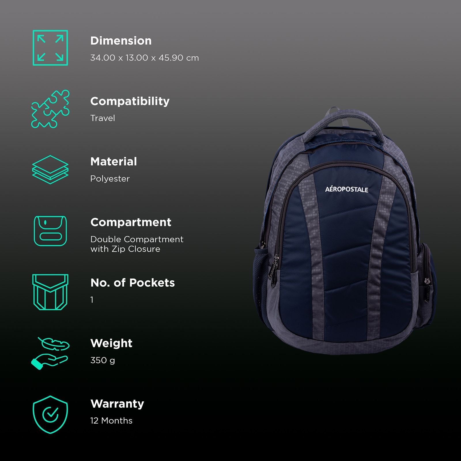 AEROPOSTALE Wanderlust 30 Litres Polyester Backpack (Waterproof, AERO-BP-1008-GRY/N, Grey/Navy Blue)_2