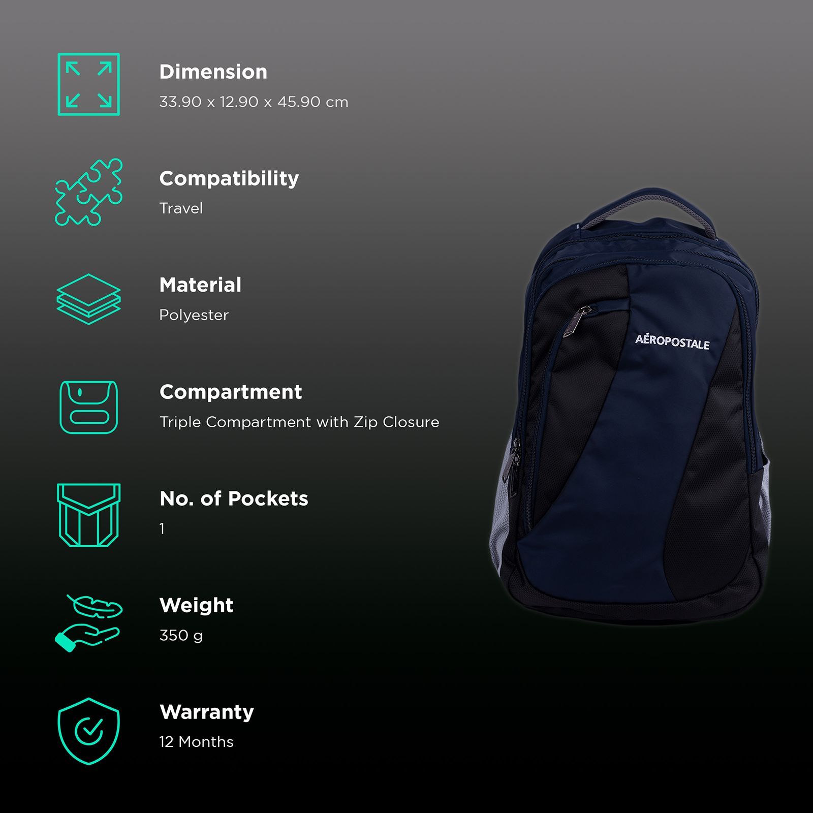 AEROPOSTALE Explorer 35 Litres Polyester Backpack (Water Proof, AERO-BP-1011-Black, Dark Blue)_2