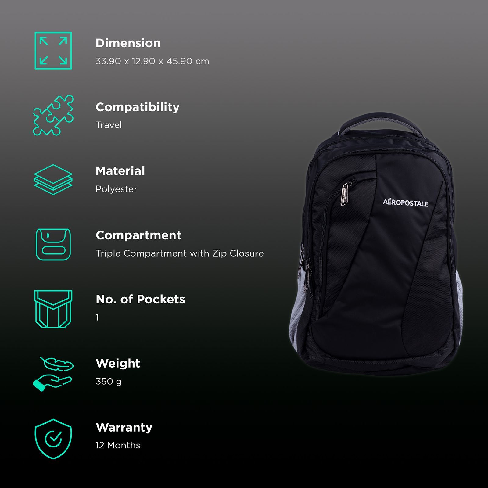 AEROPOSTALE Explorer 35 Litres Polyester Backpack (Waterproof, AERO-BP-1011-BLK, Black)_2