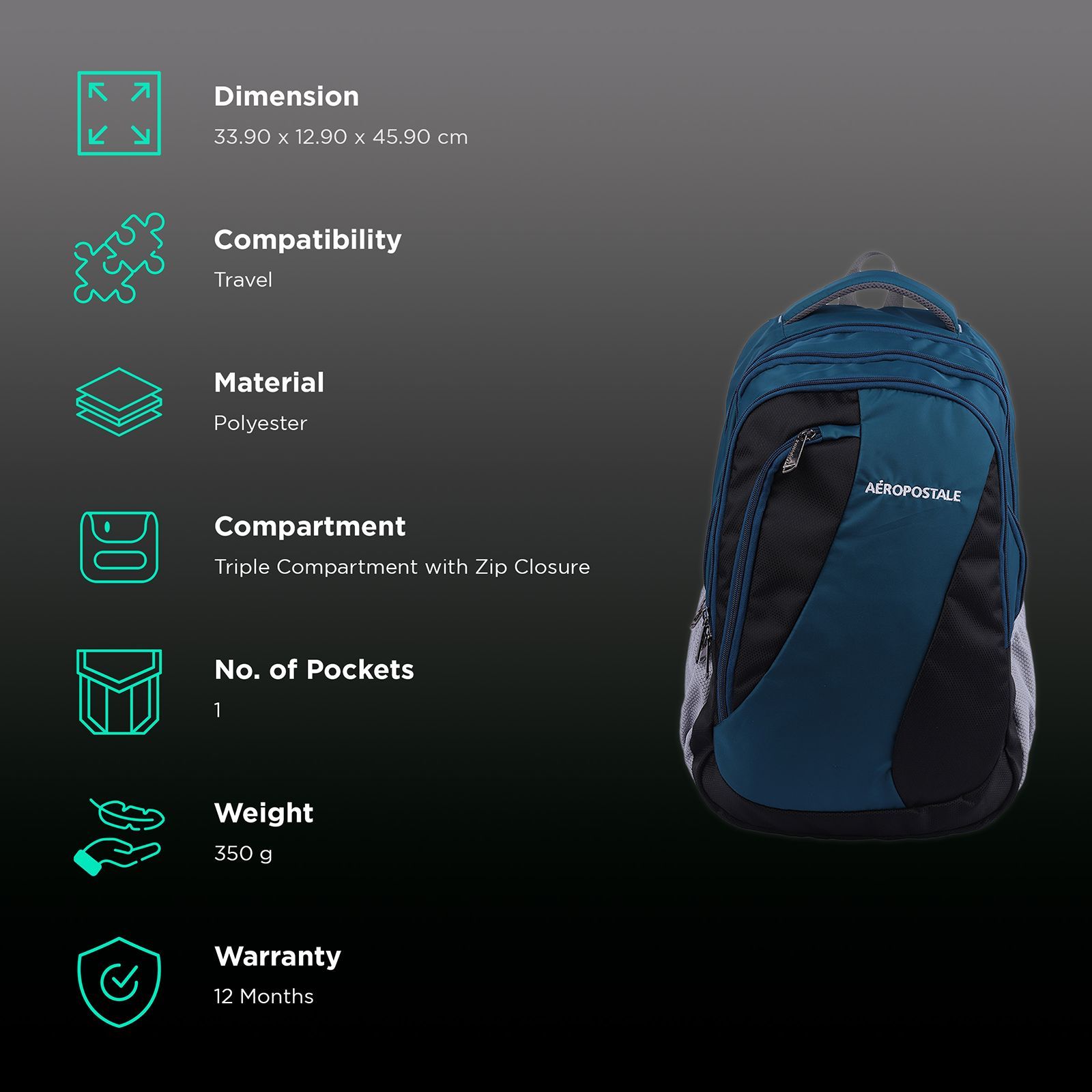 AEROPOSTALE Explorer 35 Litres Polyester Backpack (Waterproof, AERO-BP-1011-BLK/T, Teal Blue)_2