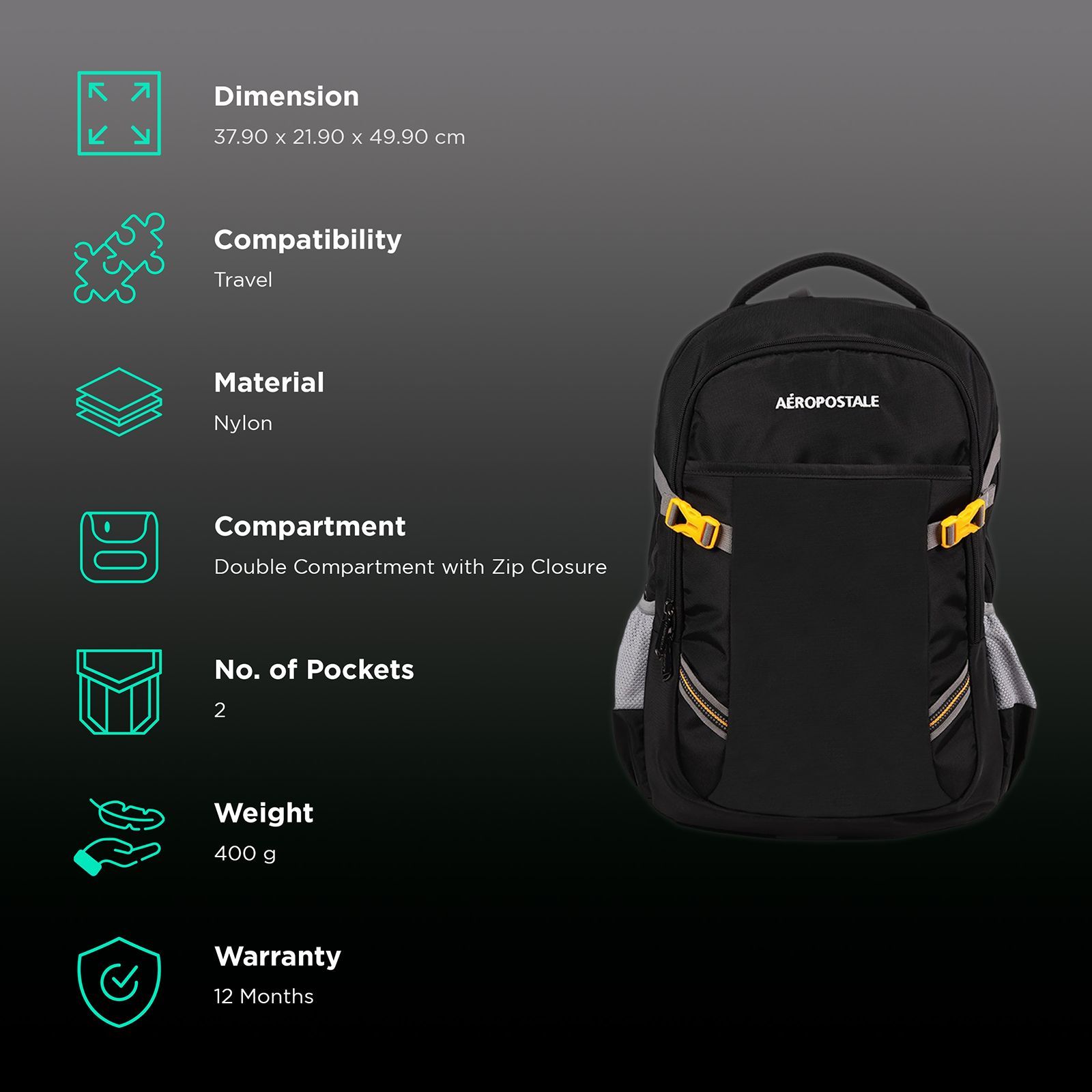 AEROPOSTALE Runway 30 Litres Nylon Backpack (Waterproof, AERO-BP-1015-BLK, Black)_2