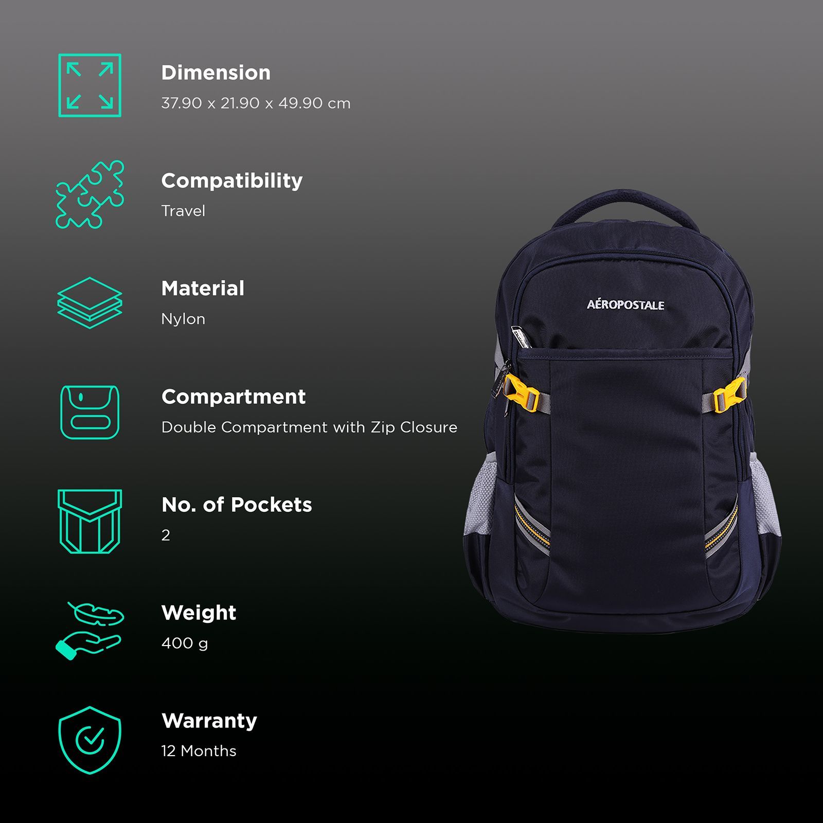 AEROPOSTALE Runway 30 Litres Nylon Backpack (Waterproof, AERO-BP-1015-BLU, Blue)_2