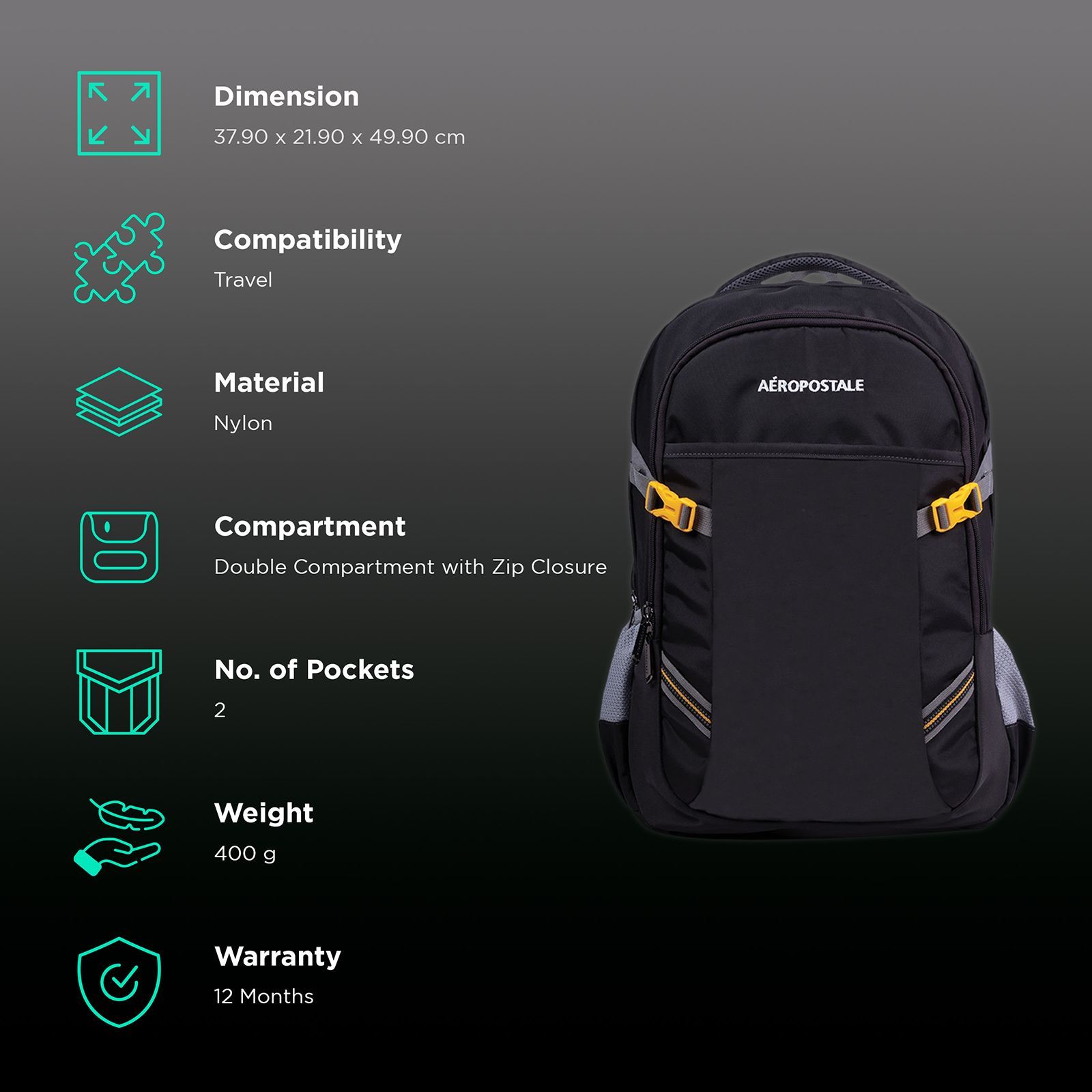 AEROPOSTALE Runway 30 Litres Nylon Backpack (Waterproof, AERO-BP-1015-GY, Grey)_2