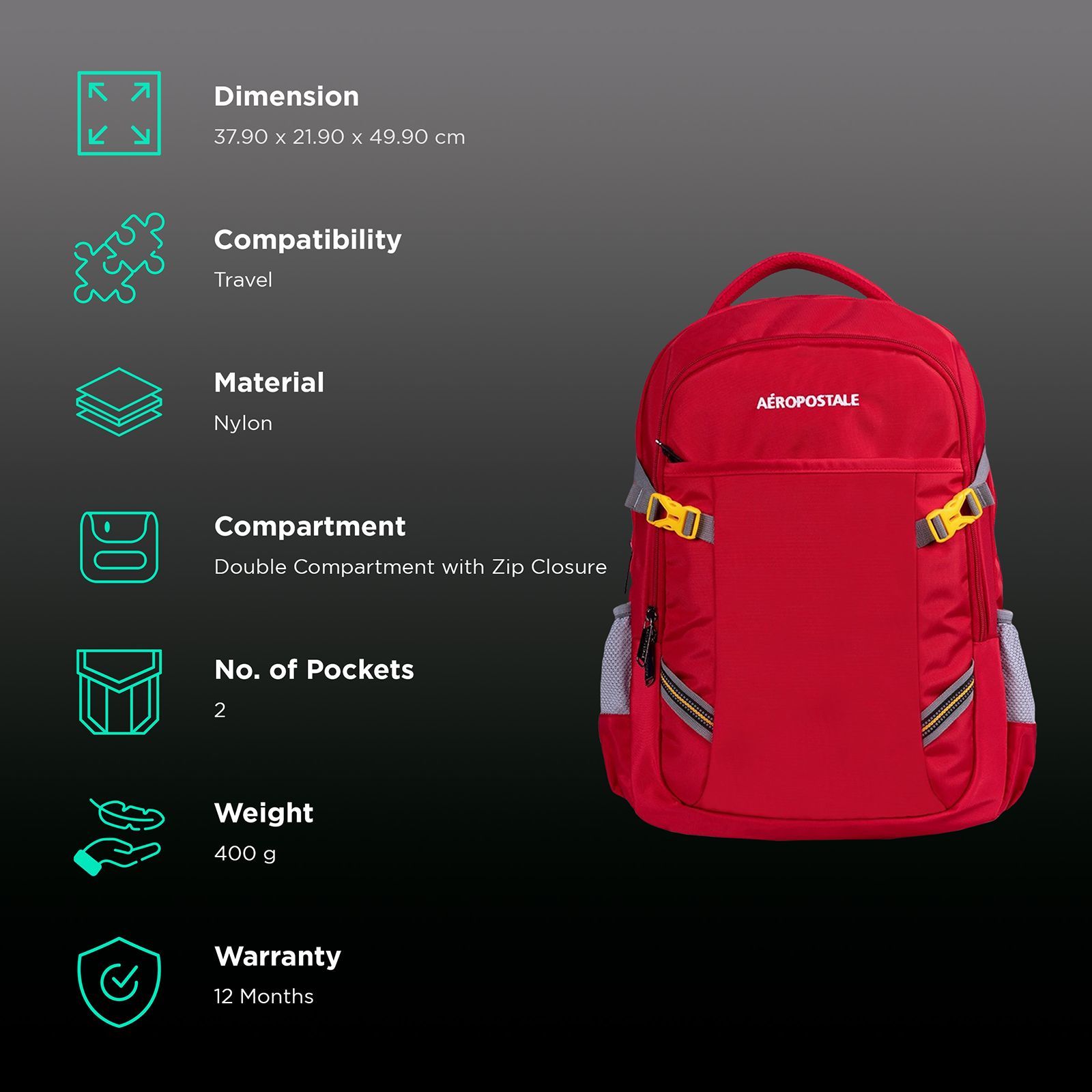 AEROPOSTALE Runway 30 Litres Nylon Backpack (Waterproof, AERO-BP-1015-RD, Red)_2