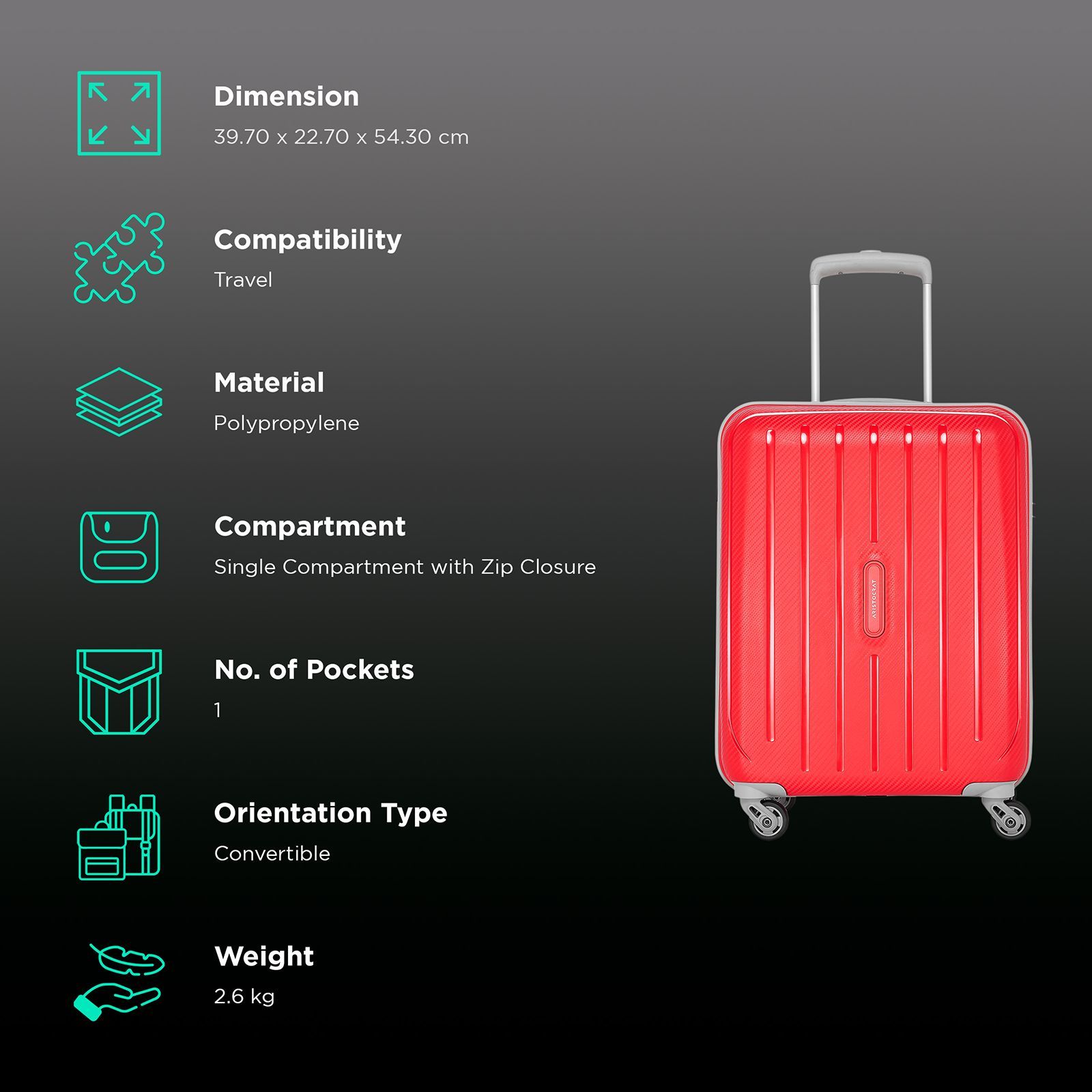 ARISTOCRAT Nitron Polypropelene Trolley Bag (4 Wheel, NITACT55FIR, Active Red) ARISTOCRAT Nitron Polypropelene Trolley Bag (4 Wheel, NITACT55FIR, Active Red)_2
