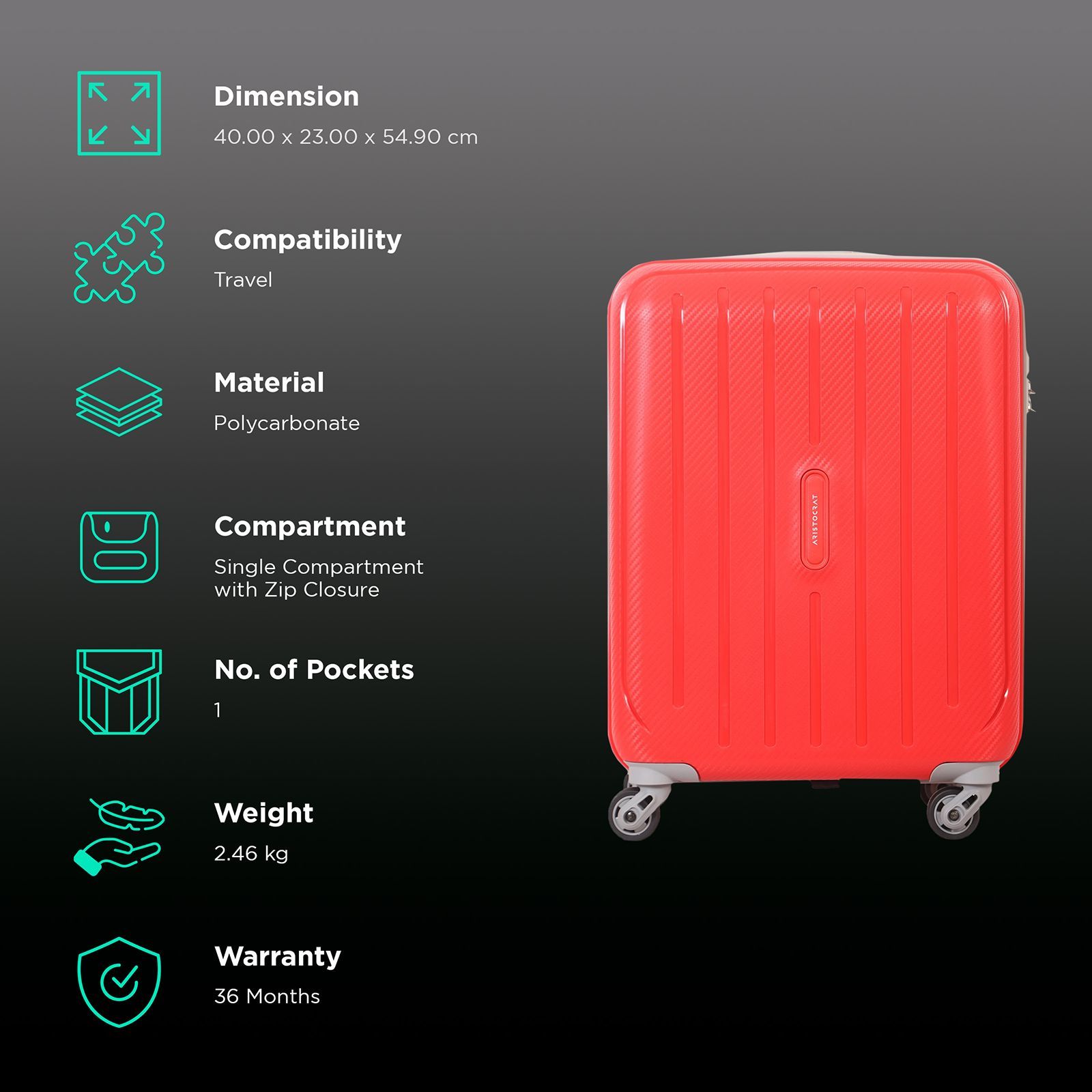 ARISTOCRAT Nitron 55 Litres Polycarbonate Trolley Bag (Number Lock Mechanism, NITRON55FIR, Red)_2