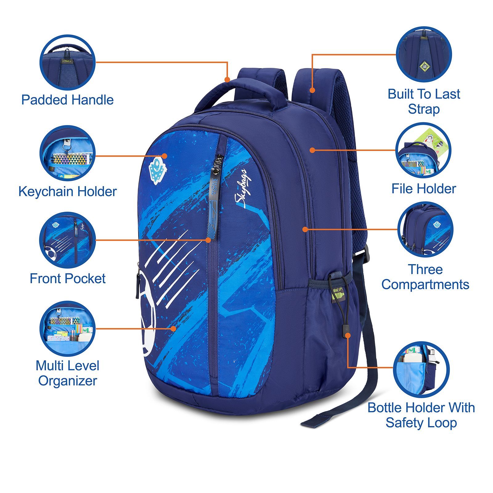 Skybags Drip Backpack (Multilevel Organizer with Key Chain Holder, BPDRIP3NVY, Navy)_8
