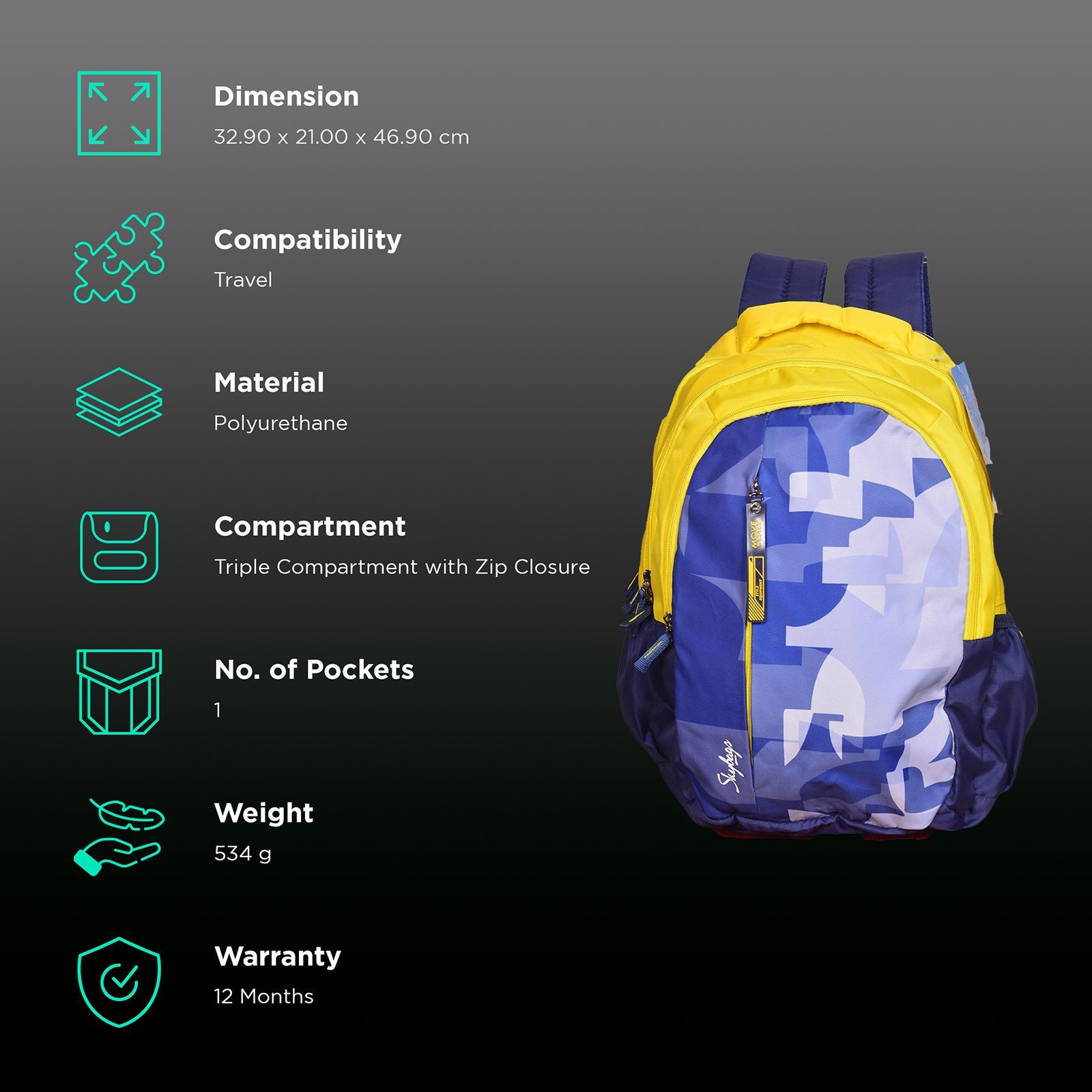 Skybags DRIP PLUS 06 32 Liters Polyurethane Backpack (Stylized Rubber Puller, BPDRPL6YLW, Yellow)_2