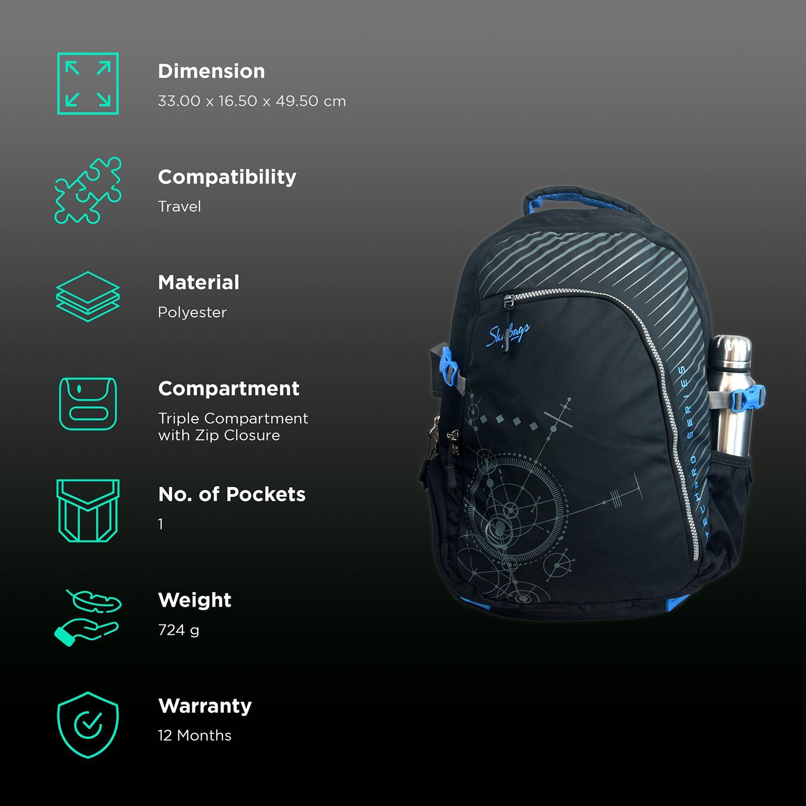 Skybags Valor Pro 33 Litres Polyester Backpack (With Rain Cover, LPBPVAP3BLK, Black)_2