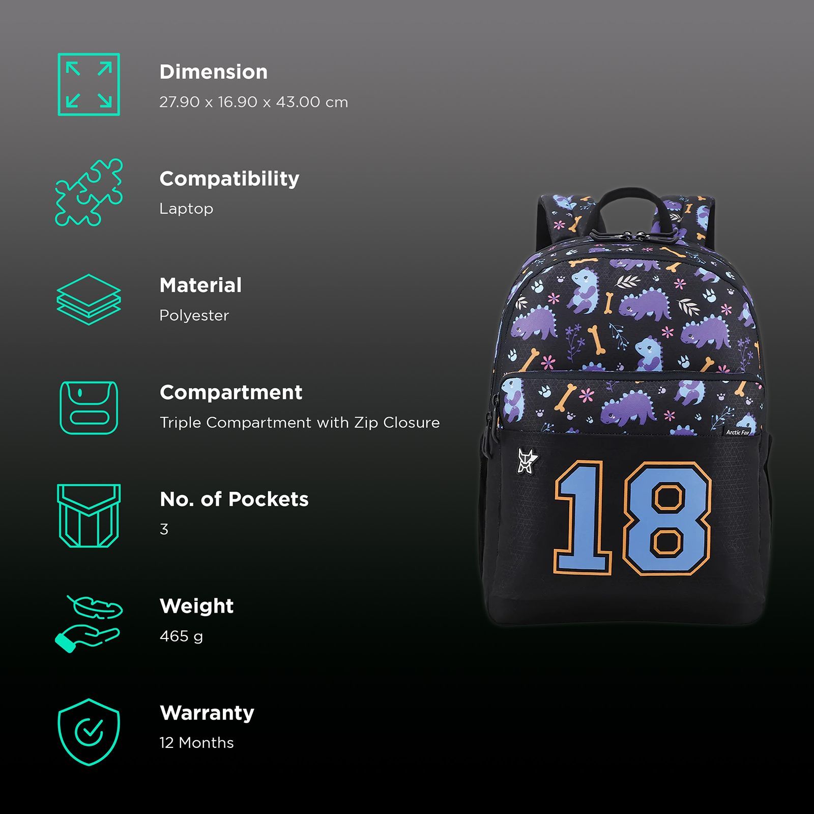 Arctic Fox Saurus 21 Litres Polyetser Fabric and PU Coated Backpack (Water Repellent Fabric, FJUBPKPURWW092021, Purple)_2