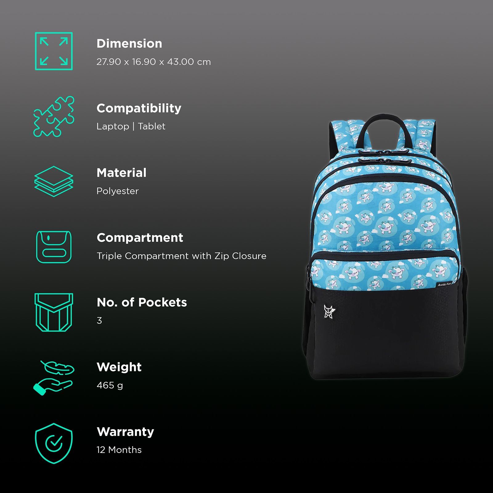 Arctic Fox Silly Calf 21 Litres Polyester Fabric and PU Coated Backpack (Padded Shoulder Straps, FJUBPKBLUWW097021, Blue)_2