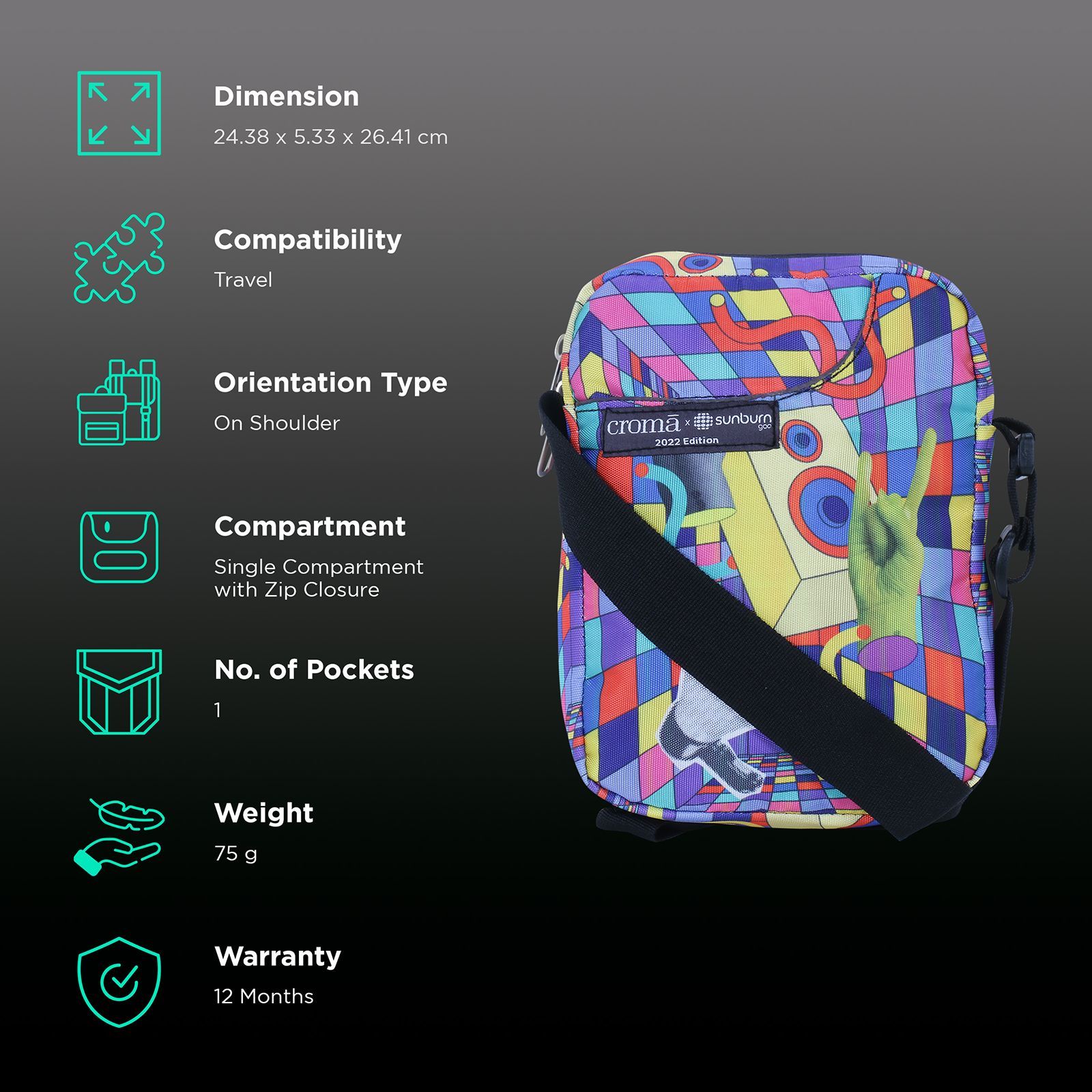 Croma Sunburn Edition Sling Bag (Lightweight, Multi Color) Croma Sunburn Edition Sling Bag (Lightweight, Multi Color)_2