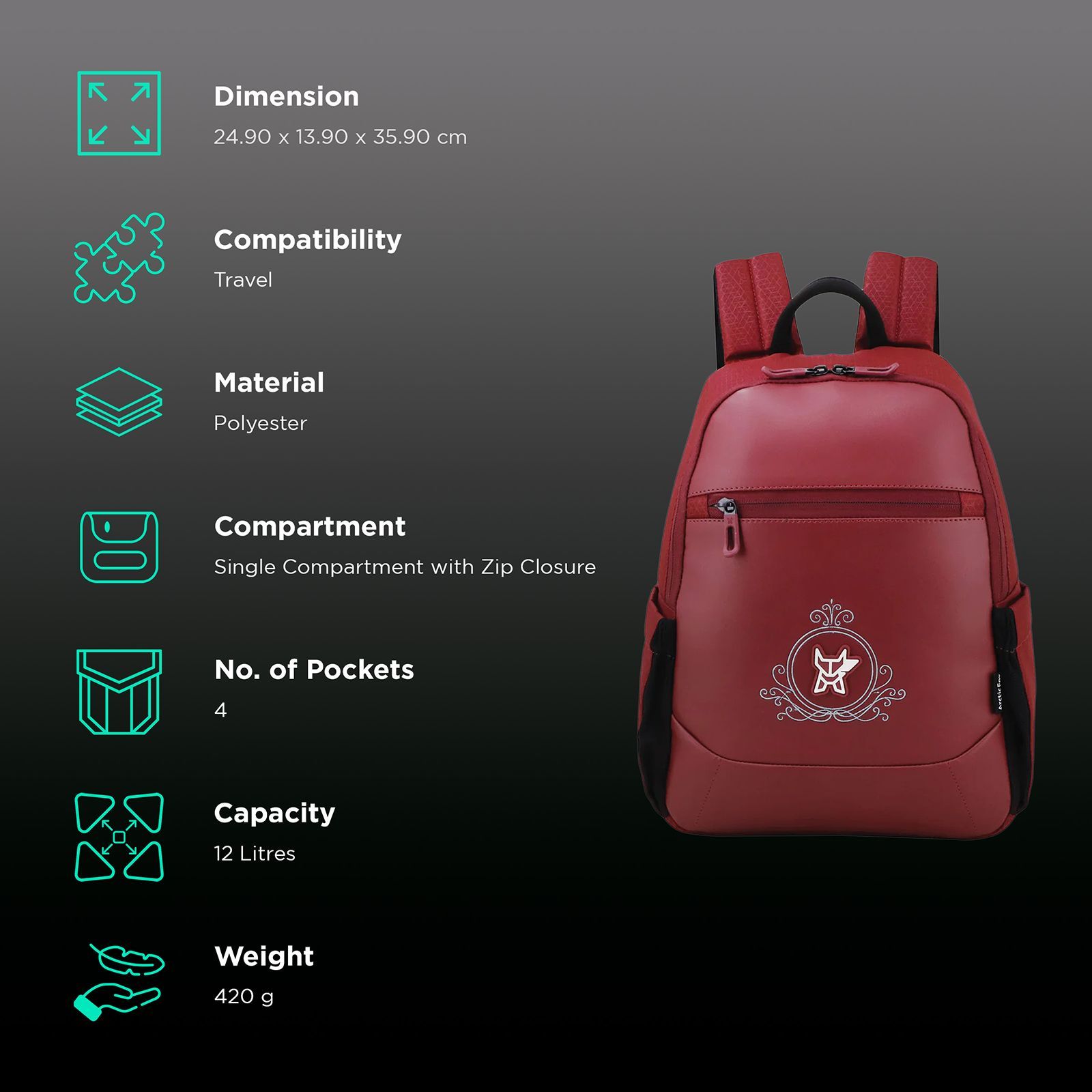 Arctic Fox Royal 12 Litres 500D PU Coated Plain Polyester and 600D PU Leather Backpack (Webbing Handle, FTEBPKTPOWW089012, Tawny Port Wine)_2