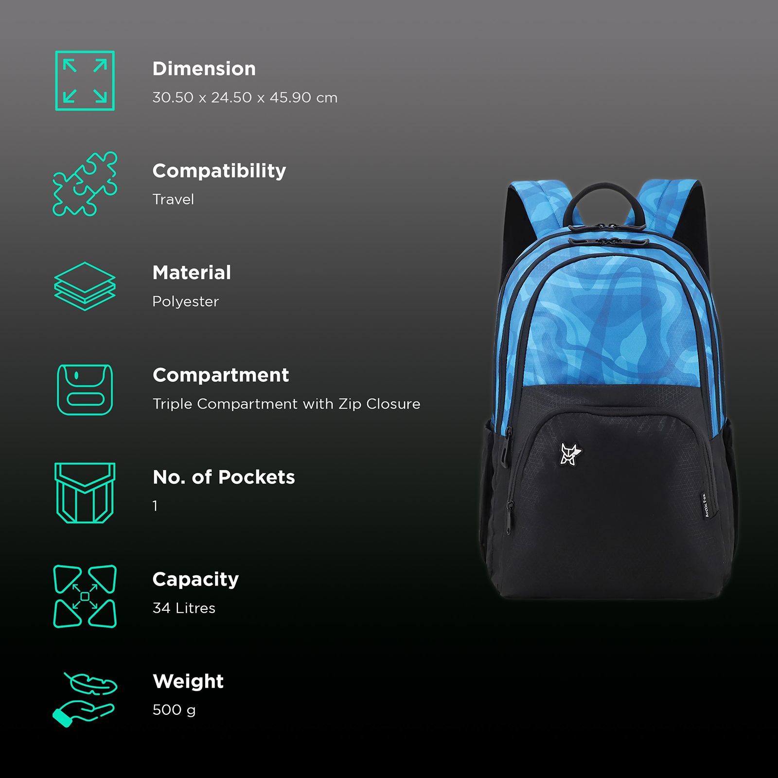 Arctic Fox Dupe 34 Litres 500D Plain Polyester and 600D Fabric Backpack (Padded Shoulder Straps, FJUBPKBLUWW099034, Light Blue)_2