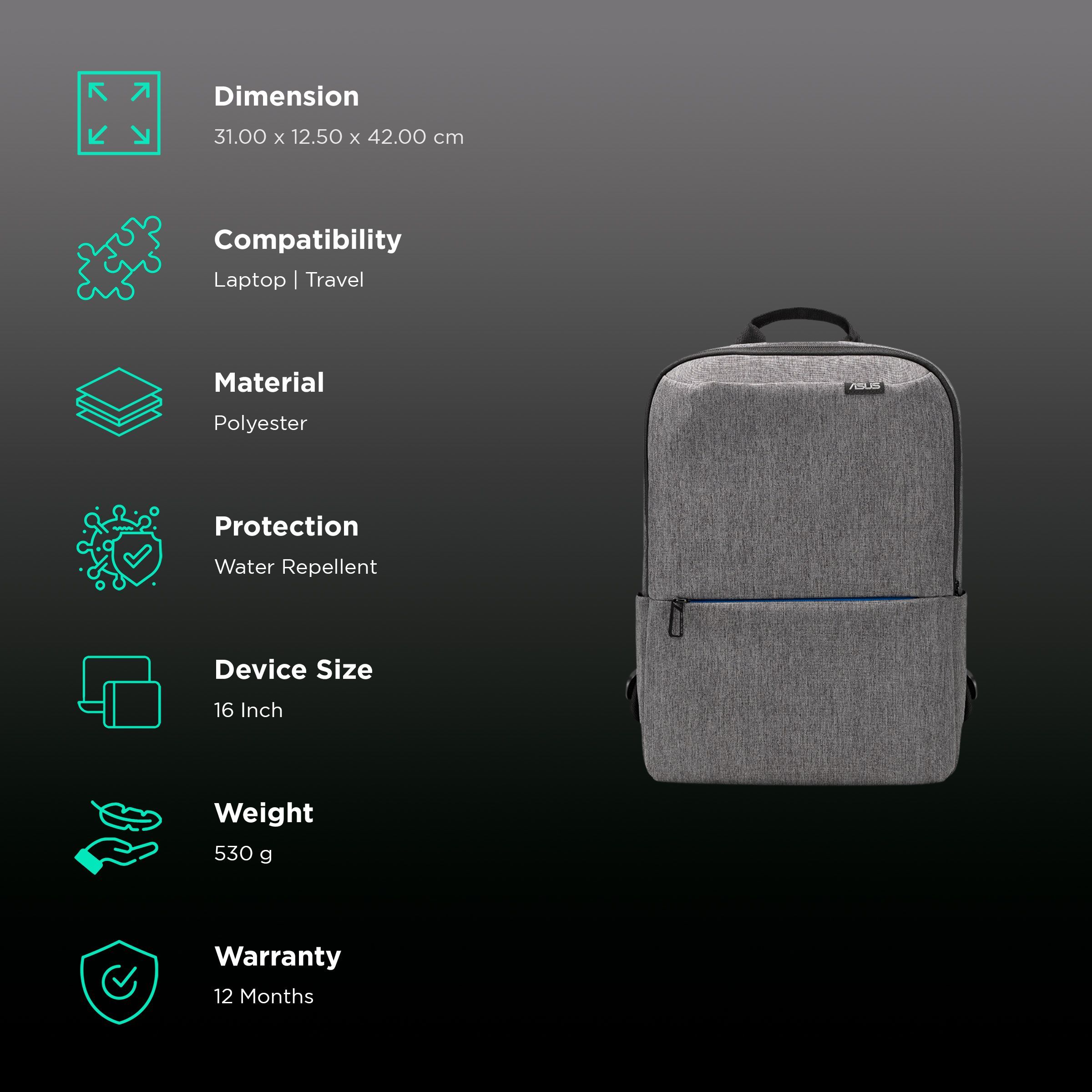 ASUS BP4600 Polyester Laptop Backpack for 16 Inch Laptop (Water-Repellent, Grey) ASUS BP4600 Polyester Laptop Backpack for 16 Inch Laptop (Water-Repellent, Grey)_2