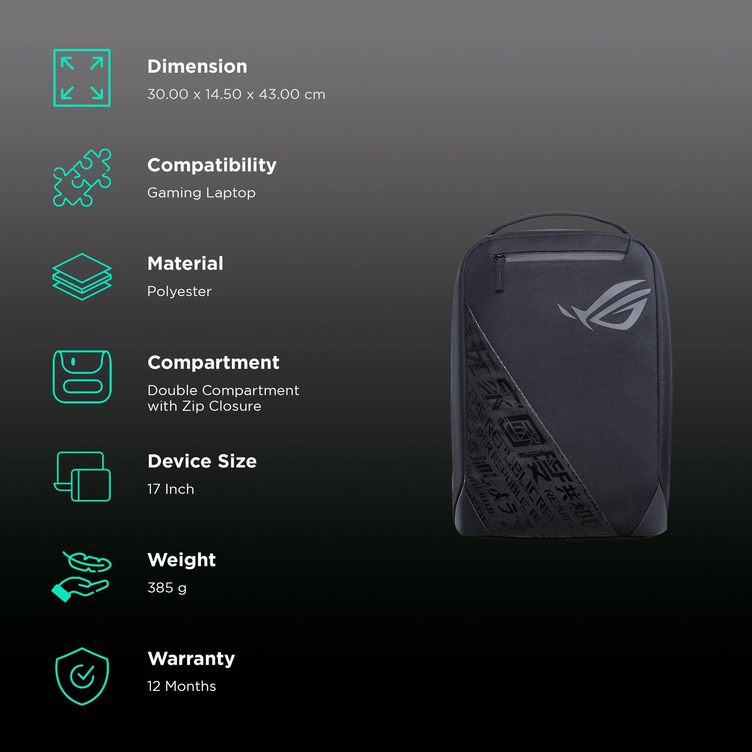 ASUS ROG Gaming BP1501 Polyester Laptop Backpack for 17 Inch Laptop (Luggage Strip, Black)_2