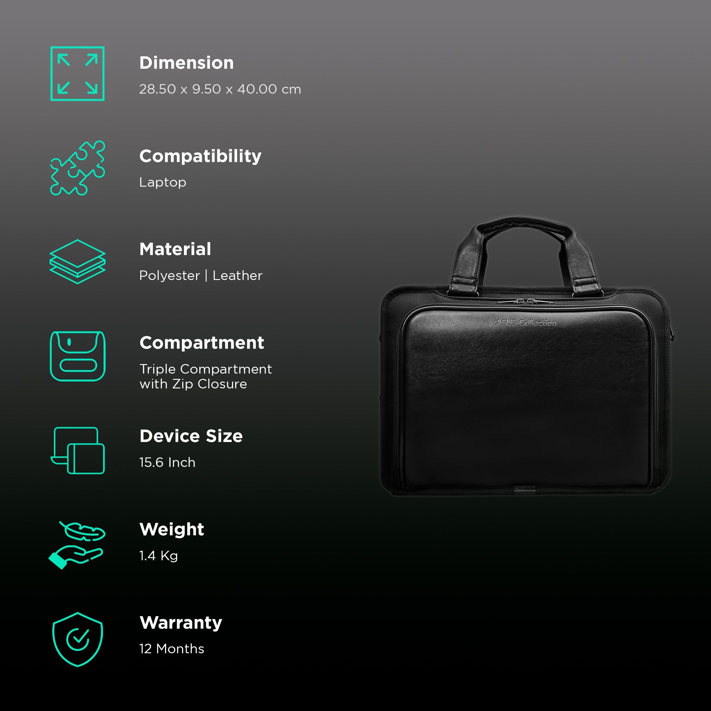 ASUS Vantage AC3500 Nappa Leather Briefcase for 15.6 Inch Laptops (Water Repellent, Black)_2