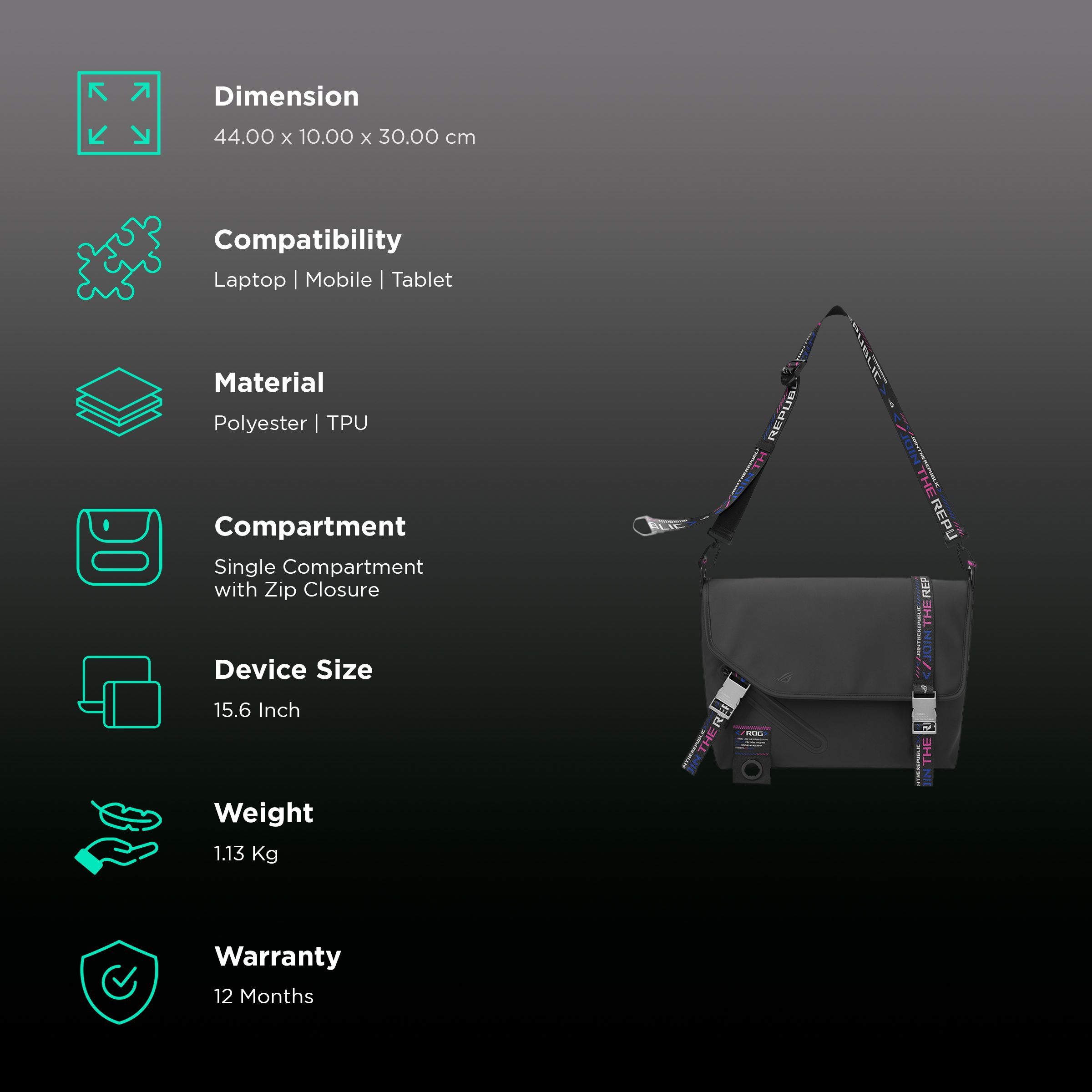 ASUS ROG Slash Classic BC3500  Polyester Messenger Bag For 15.6 Inch Laptops (Water-Repellent TPU Material, Black)_2