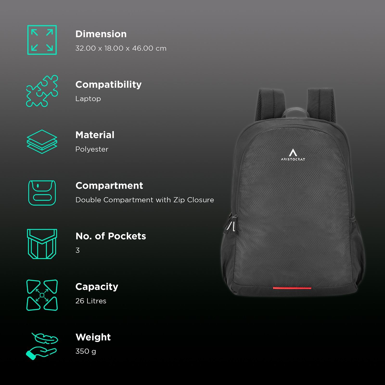 ARISTOCRAT Marco Polyester Laptop Backpack for 17 Inch Laptop (26 L, Side Fabric Pockets, Black)_2