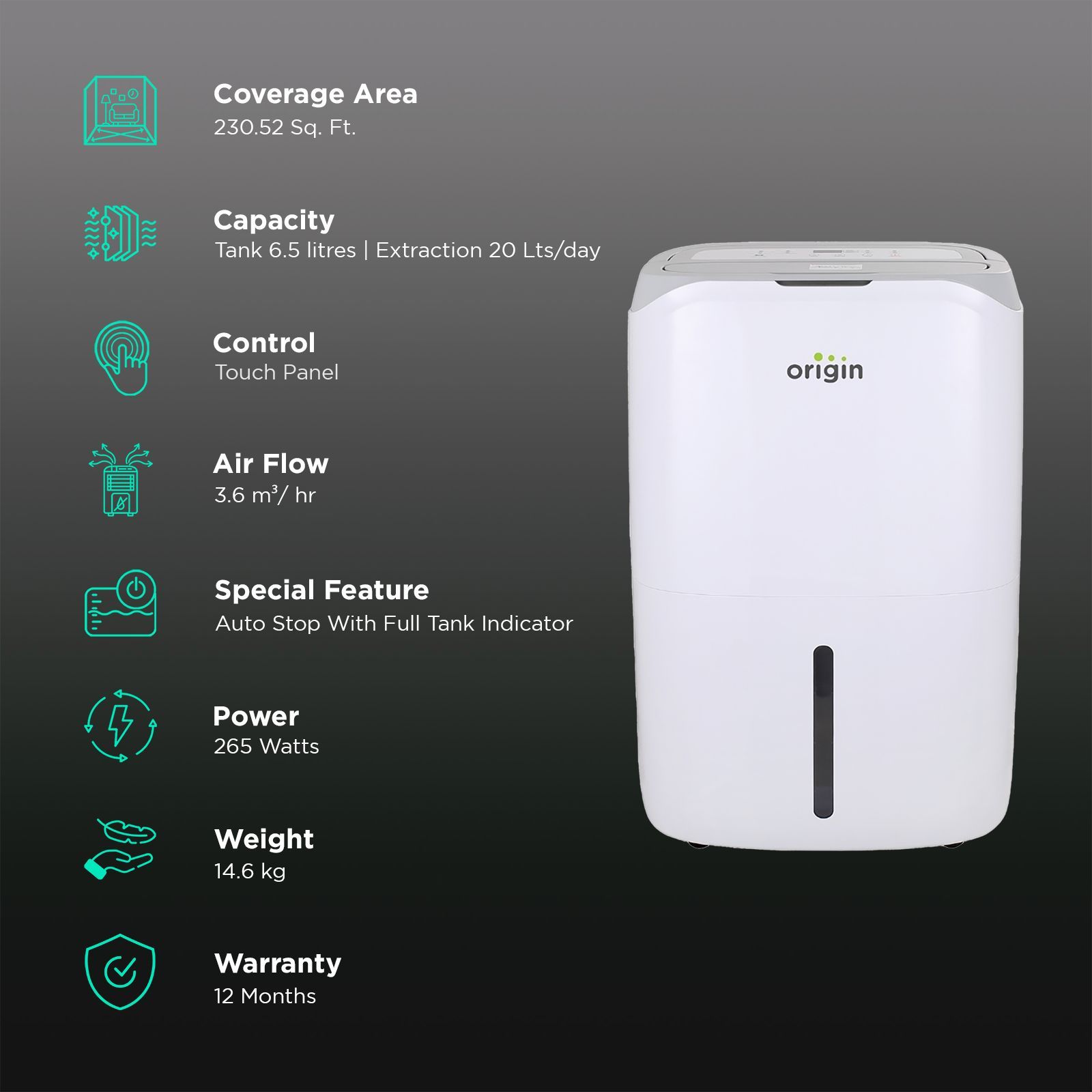 Origin O20i Wardrobe, Bedroom, Living Room, Guest Rooms, Office Cabins & Labs Dehumidifier with HEPA & Carbon Filter (Digital Display, White)_2