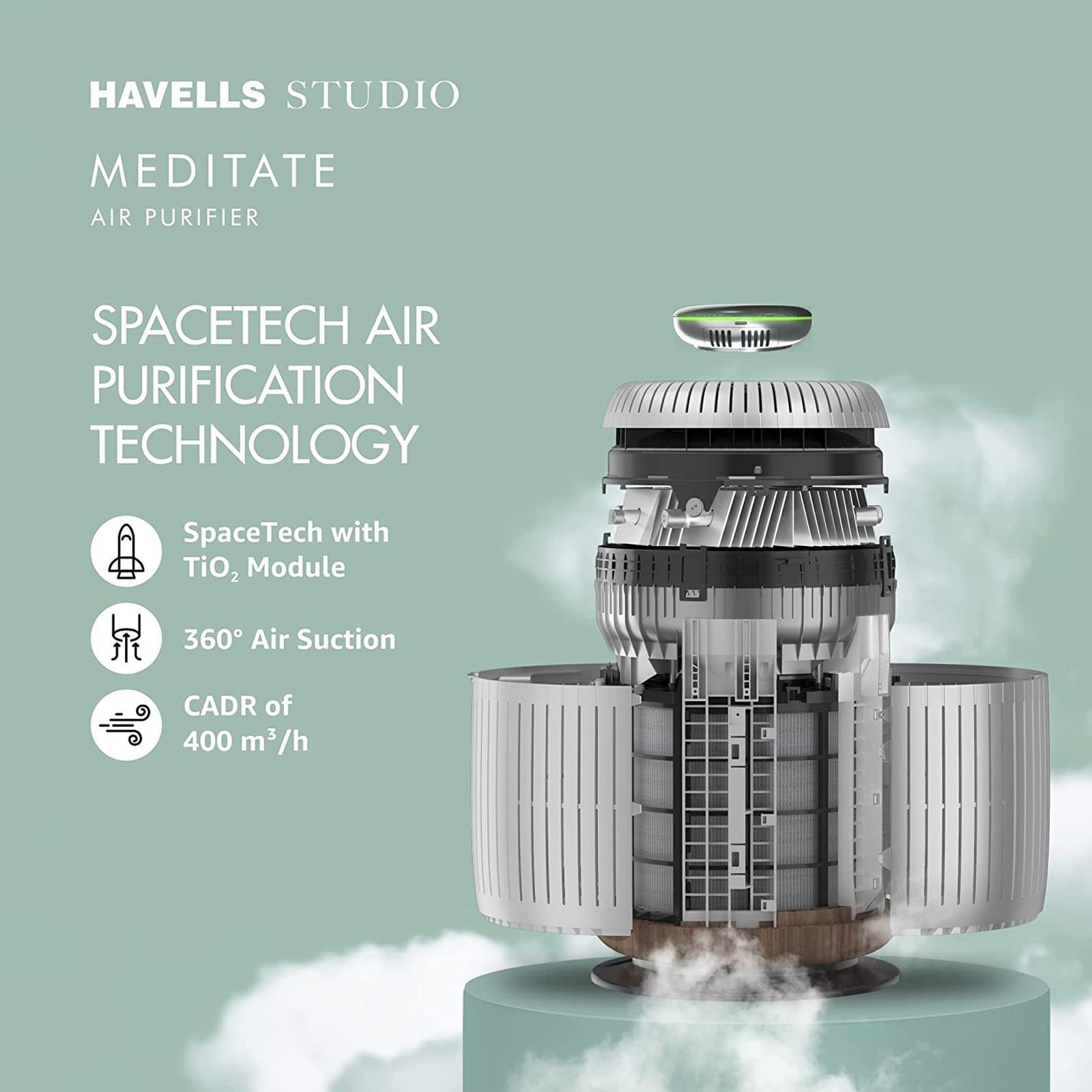 HAVELLS Meditate AP 400 Smart Air Purifier with Portable AQI Remote (Alexa & Google Home Enabled, Silver Satin)_6