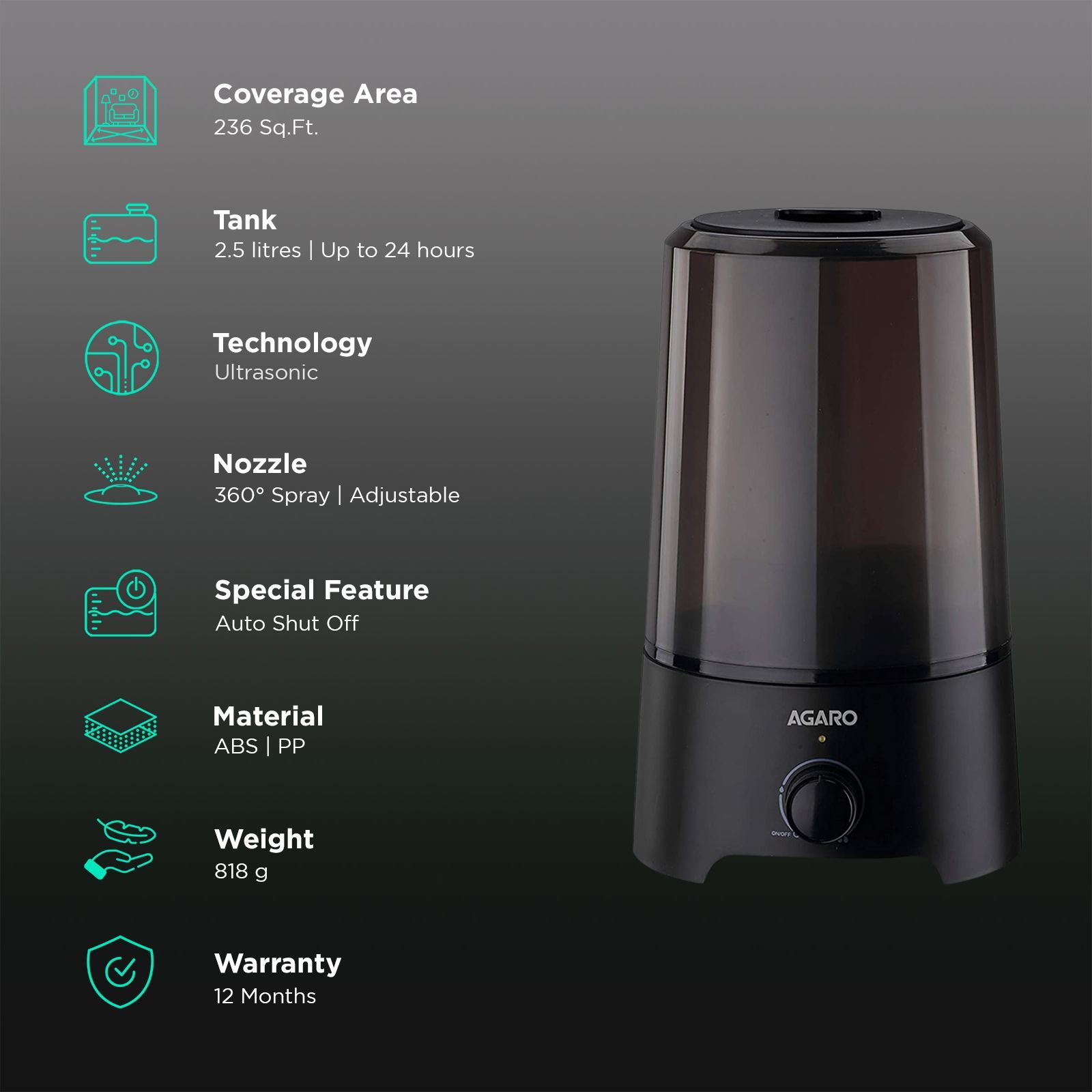 AGARO Verge 2.5L Ultrasonic Humidifier with 360 Degree Adjustable Nozzle Spray (Auto Shut Off, Black)_2