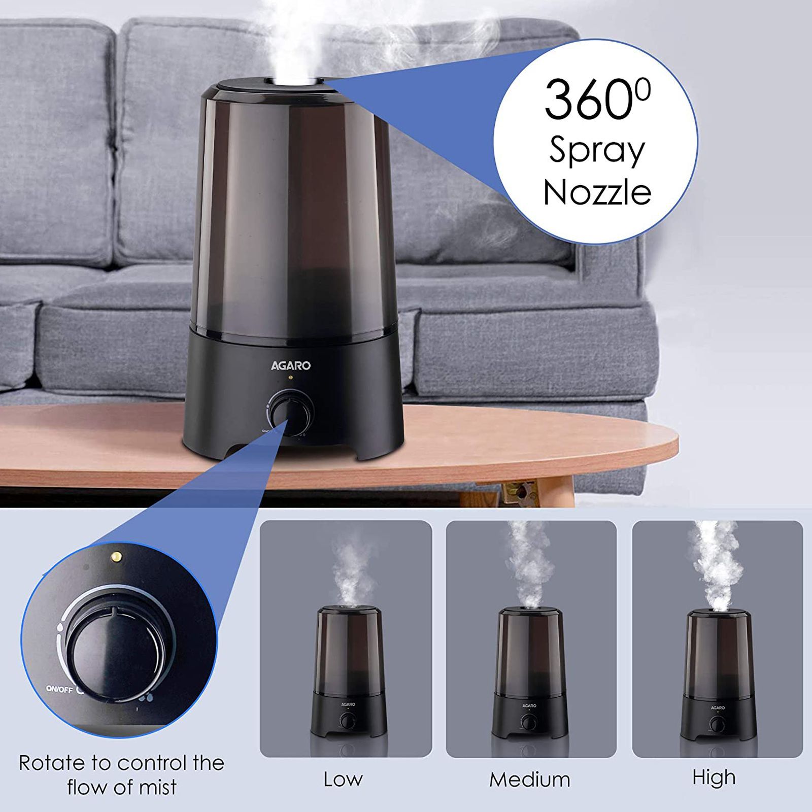 AGARO Verge 2.5L Ultrasonic Humidifier with 360 Degree Adjustable Nozzle Spray (Auto Shut Off, Black)_5