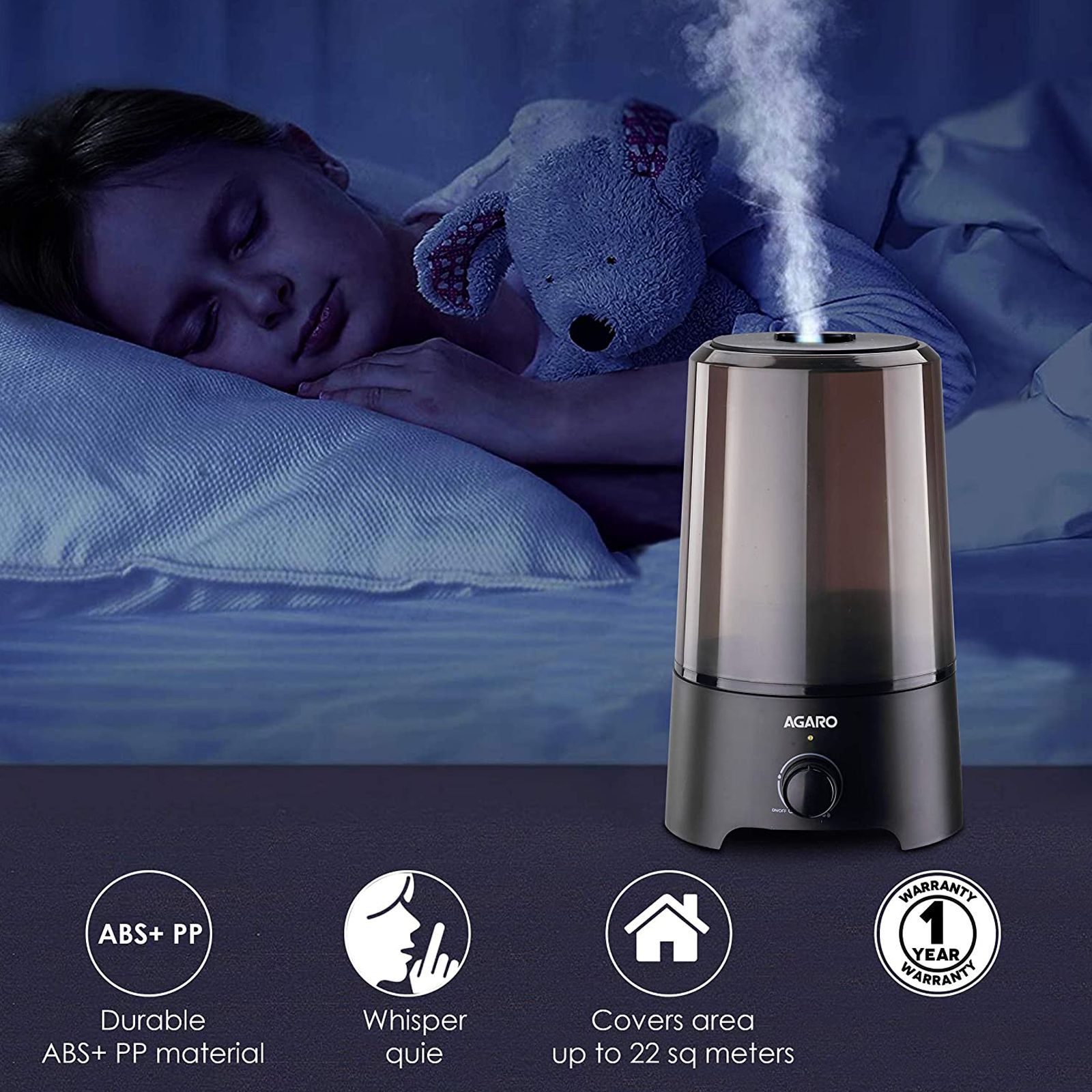 AGARO Verge 2.5L Ultrasonic Humidifier with 360 Degree Adjustable Nozzle Spray (Auto Shut Off, Black)_6