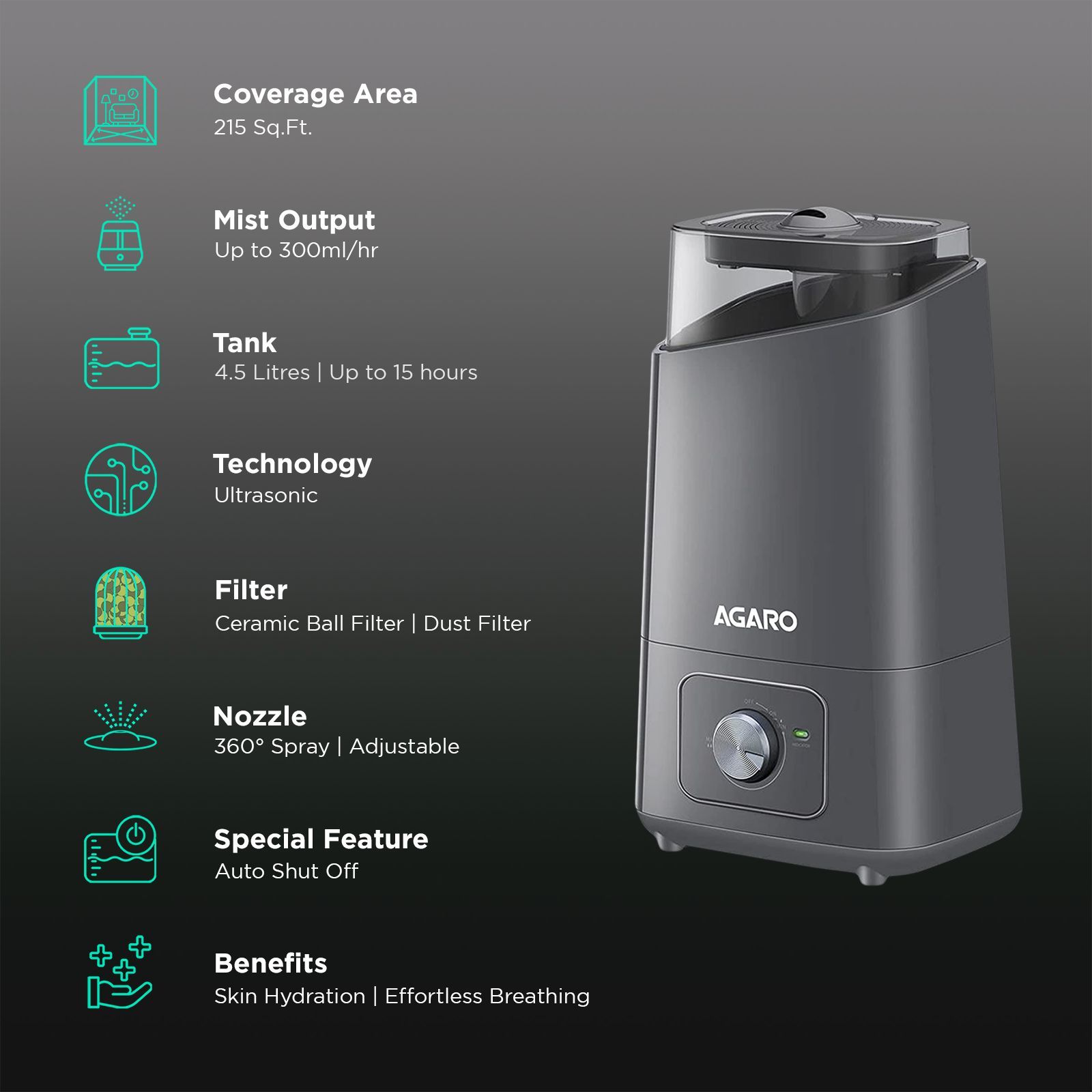 AGARO Glory 4.5L Ultrasonic Humidifier with 360 Degree Adjustable Nozzle (Auto Shut Off, Grey) AGARO Glory 4.5L Ultrasonic Humidifier with 360 Degree Adjustable Nozzle (Auto Shut Off, Grey)_2