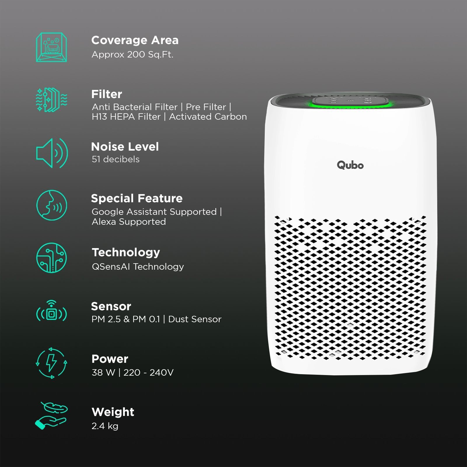 Qubo Q200 Smart Air Purifier with QSensAI Technology (Smart App and Voice Control, White) Qubo Q200 Smart Air Purifier with QSensAI Technology (Smart App and Voice Control, White)_2