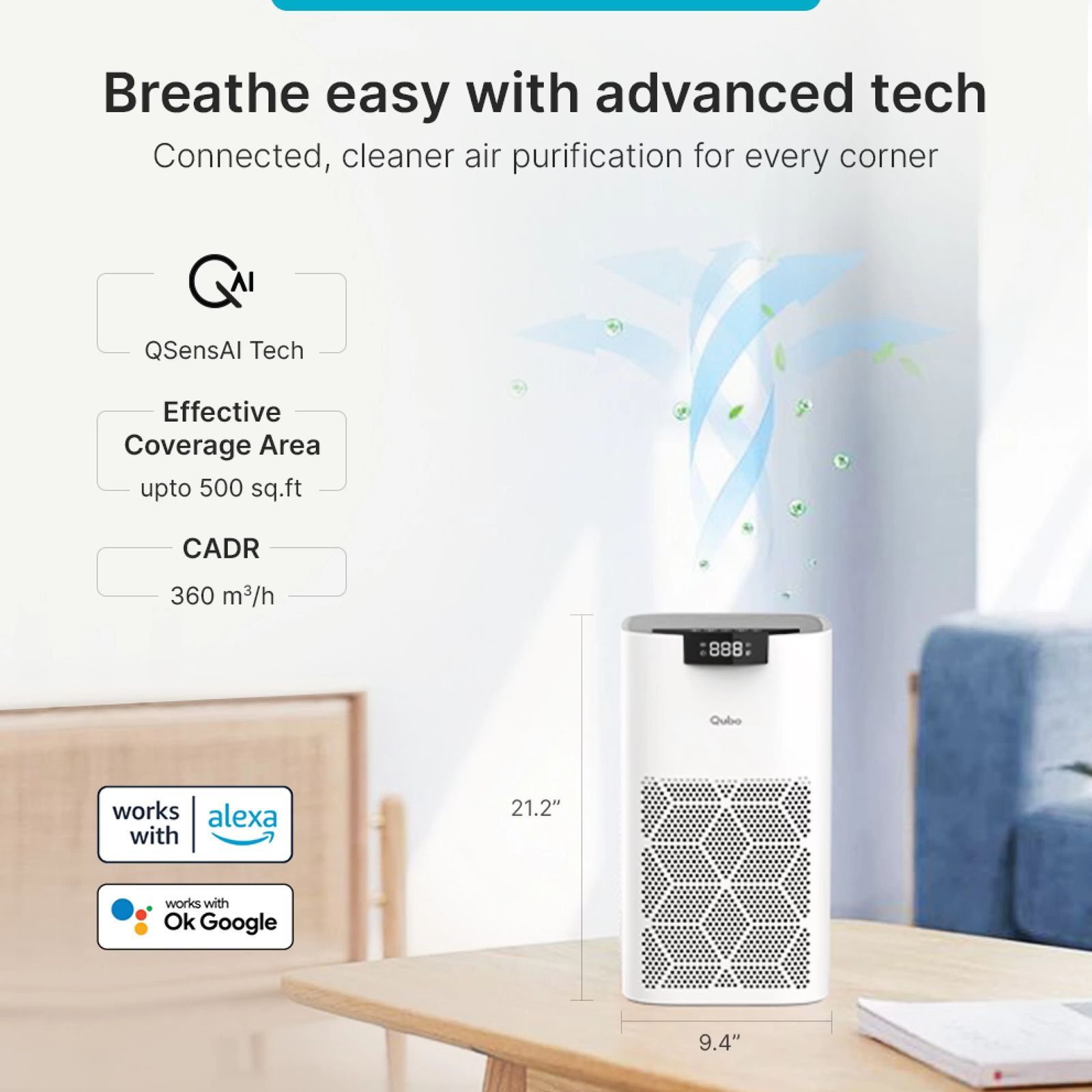 Qubo Q500 Smart Air Purifier with QSensAI Technology (Smart App and Voice Control, White)_5