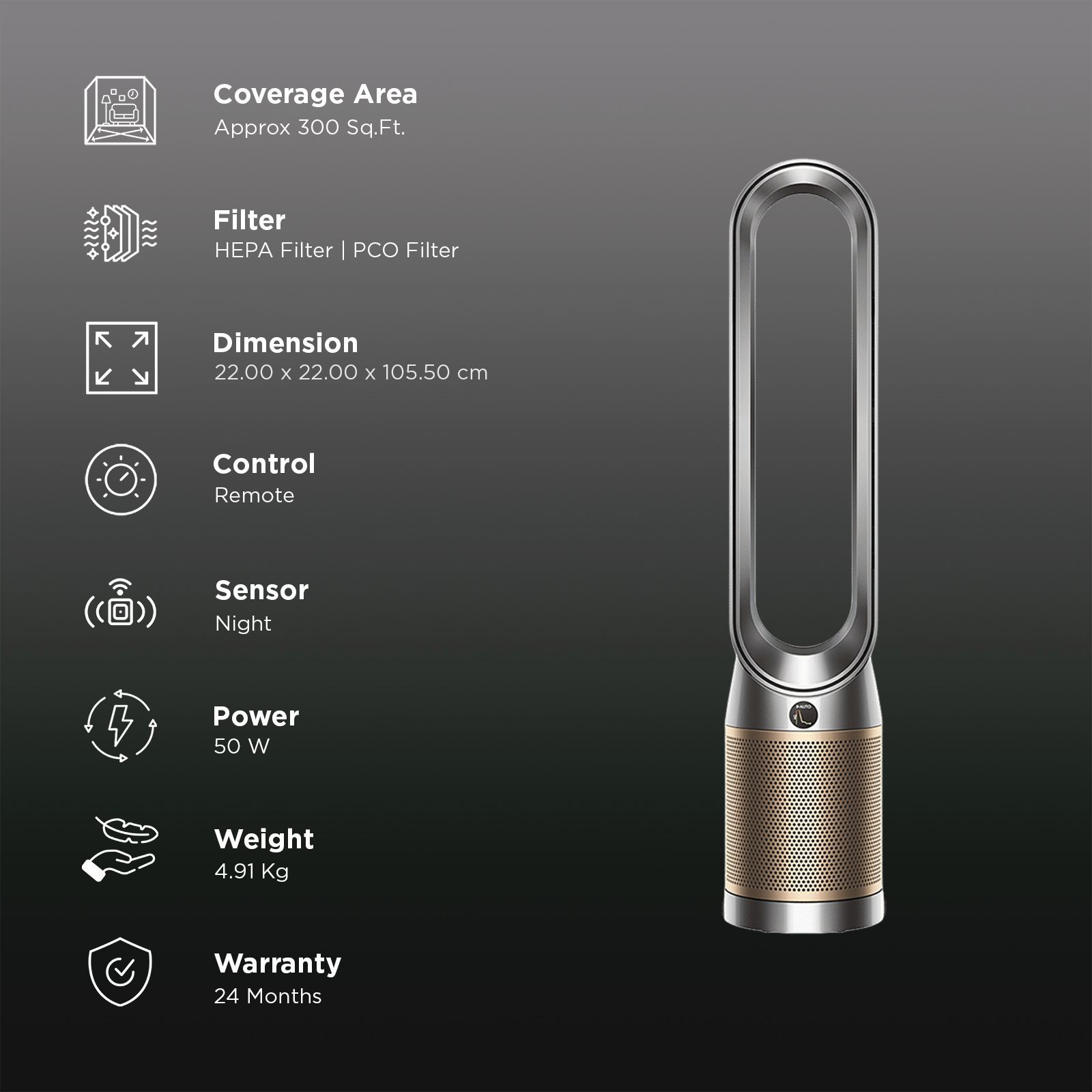 dyson Cool TP12 Air Purifier with Remote Control (Diffused Mode Purifies without Cooling, Nickel & Gold)_2